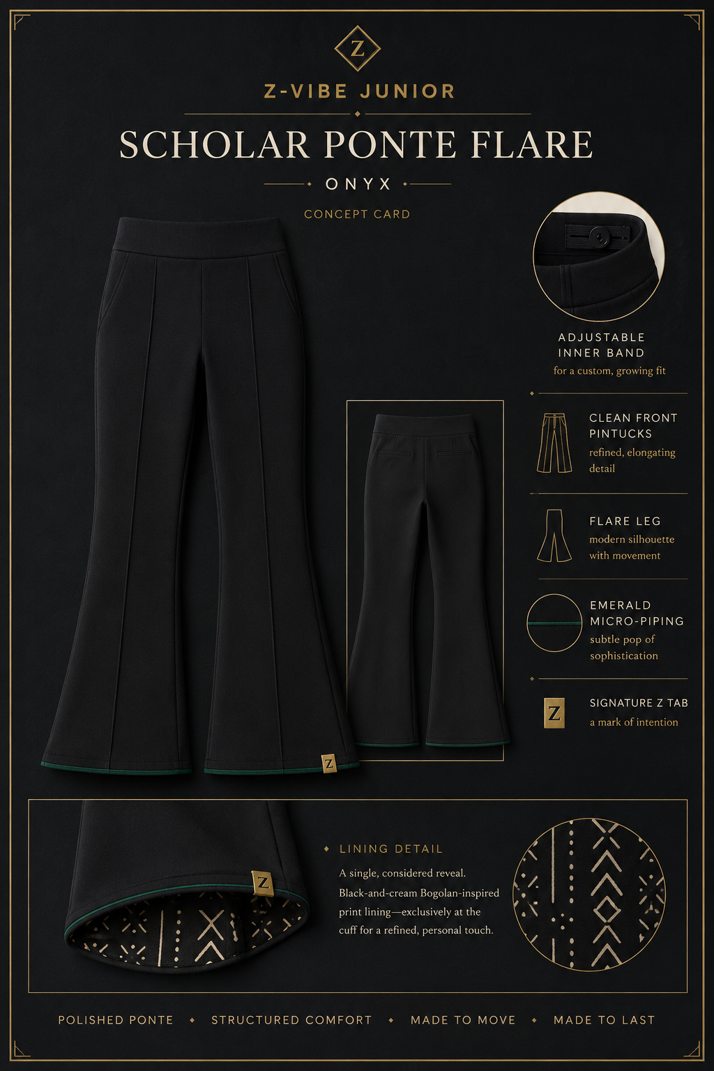 Scholar Ponte Flare — Junior — House · Z-Vibe Junior seven-view specification plate; showing 01 Front, 02 Left, 03 Right, 04 Back, 05 Interior, 06 Inner tags, 07 Fabric detail. — 01 Front, Onyx