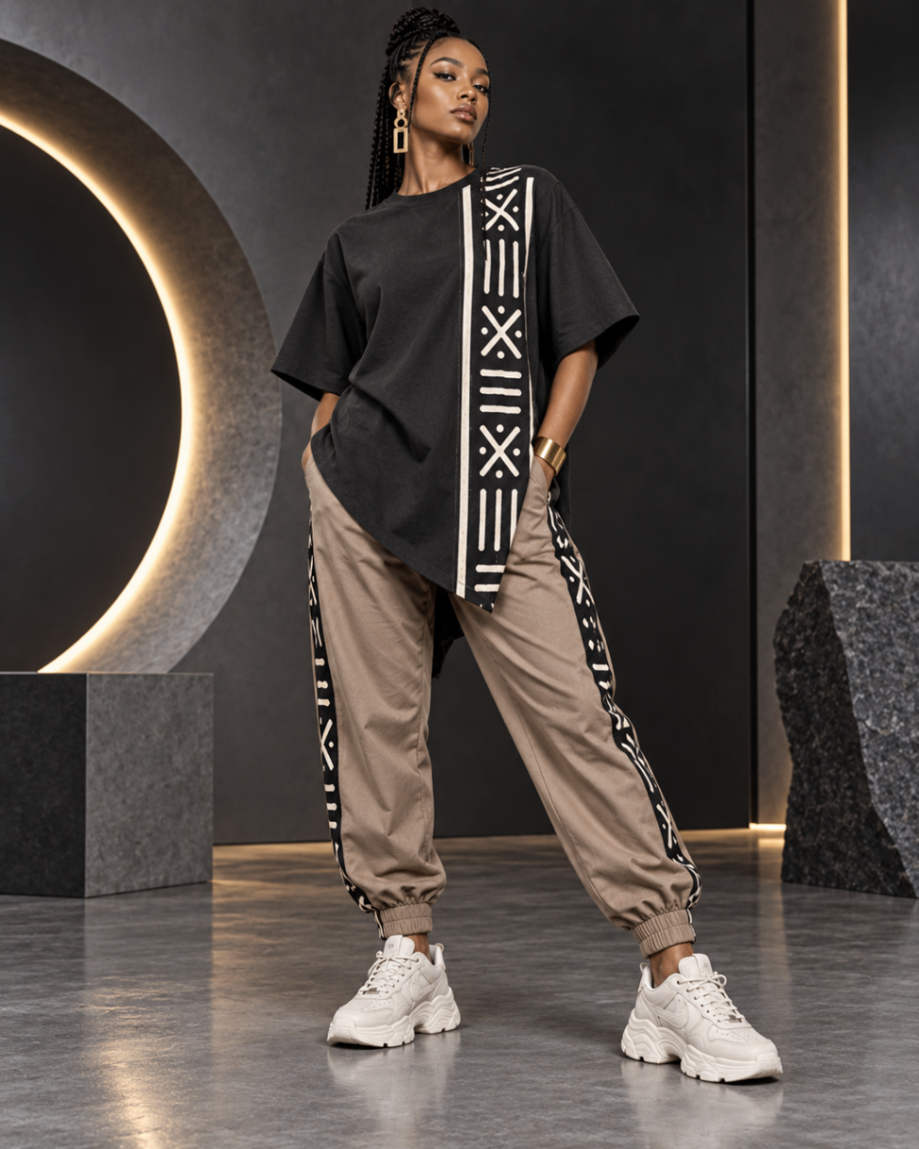 Charcoal Column Tee & Taupe Rail Joggers — Women — House · Z-Vibe Bogolan Lounge™ seven-view specification plate; showing 01 Front, 02 Left, 03 Right, 04 Back, 05 Interior, 06 Inner tags, 07 Fabric detail. — 01 Front, Charcoal / Taupe