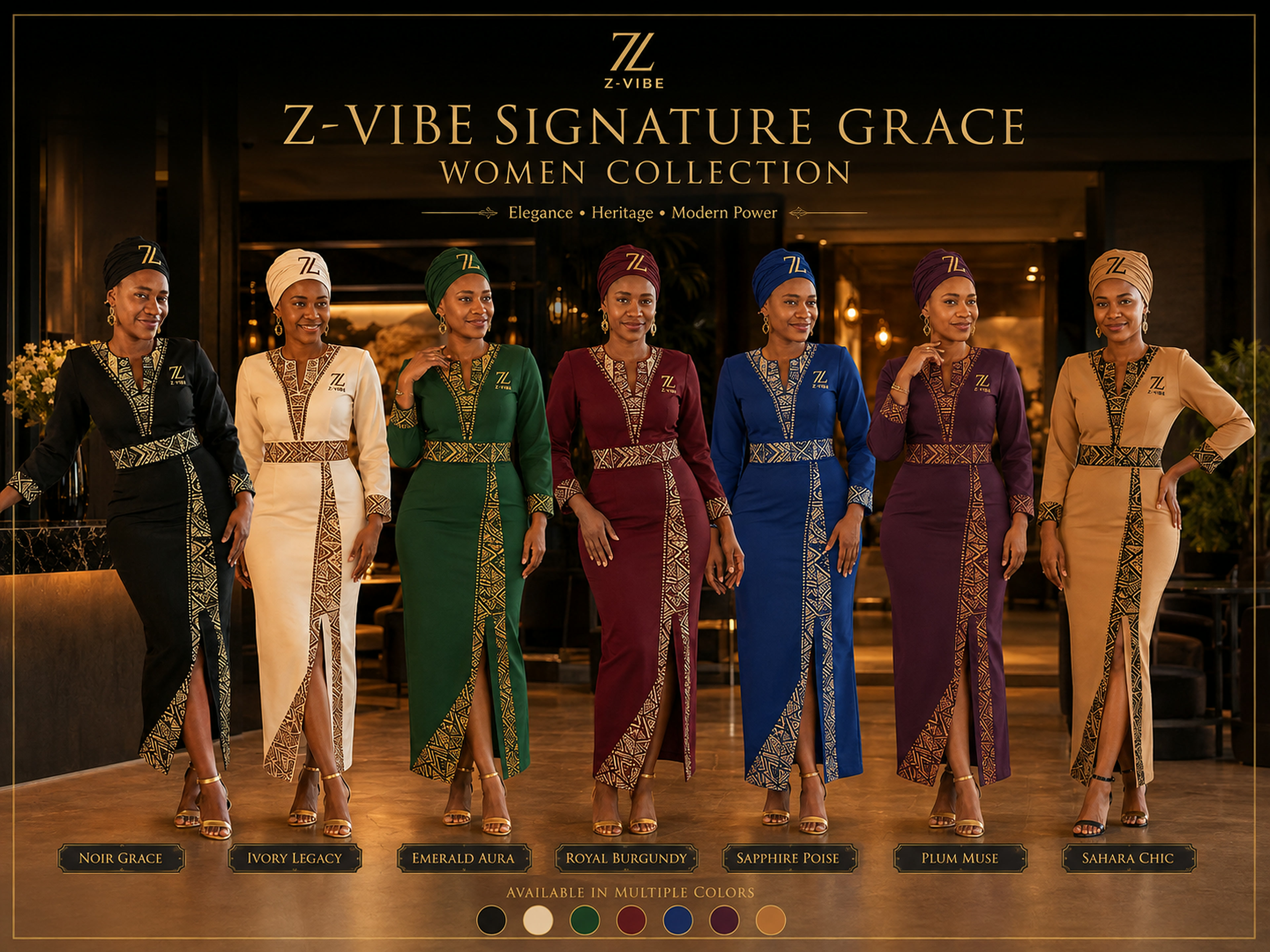 Grace Column Dress · Onyx — Women — House · Z-Vibe Maison™ · Women seven-view specification plate; showing 01 Front, 02 Left, 03 Right, 04 Back, 05 Interior, 06 Inner tags, 07 Fabric detail. — 01 Front, Onyx Black