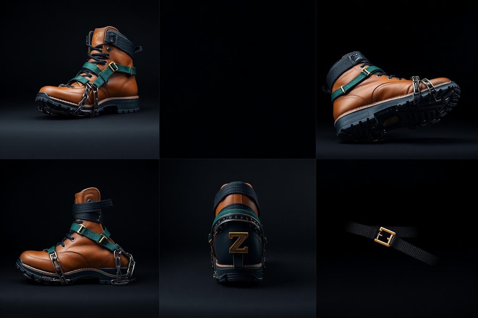 Z-Chain Trailblazer Traction System — Men — Unisex · Z-Chain Snow Traction seven-view specification plate; showing 01 Front, 02 Left, 03 Right, 04 Back, 05 Interior, 06 Inner tags, 07 Fabric detail. — 01 Front, Forest Green