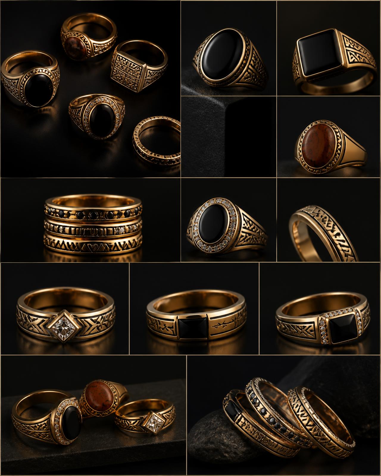 Signet Onyx Ring — Women — House · Z-Vibe Joaillerie seven-view specification plate; showing 01 Front, 02 Left, 03 Right, 04 Back, 05 Interior, 06 Inner tags, 07 Fabric detail. — 01 Front, Gold / Onyx Noir