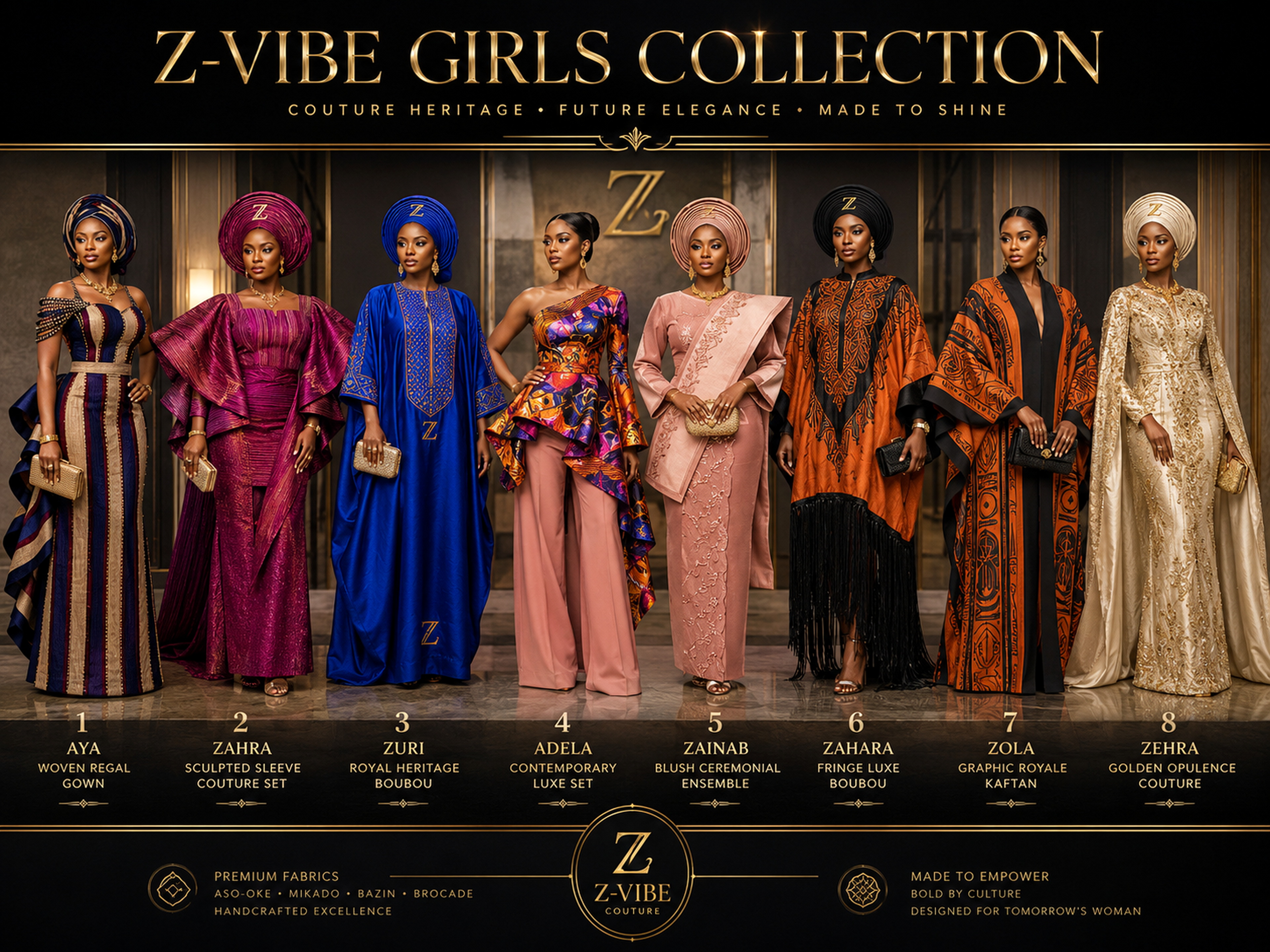 Amara Sculpted Gown — Girls — House · Z-Vibe Maison™ · Girls seven-view specification plate; showing 01 Front, 02 Left, 03 Right, 04 Back, 05 Interior, 06 Inner tags, 07 Fabric detail. — 01 Front, Onyx Black