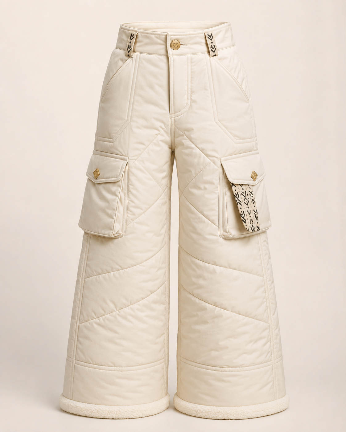 Arctic Pearl Cargo — Girls — House · Z-Vibe Winter Pants Atelier™ seven-view specification plate; showing 01 Front, 02 Left, 03 Right, 04 Back, 05 Interior, 06 Inner tags, 07 Fabric detail. — 01 Front, Pearl Ivory