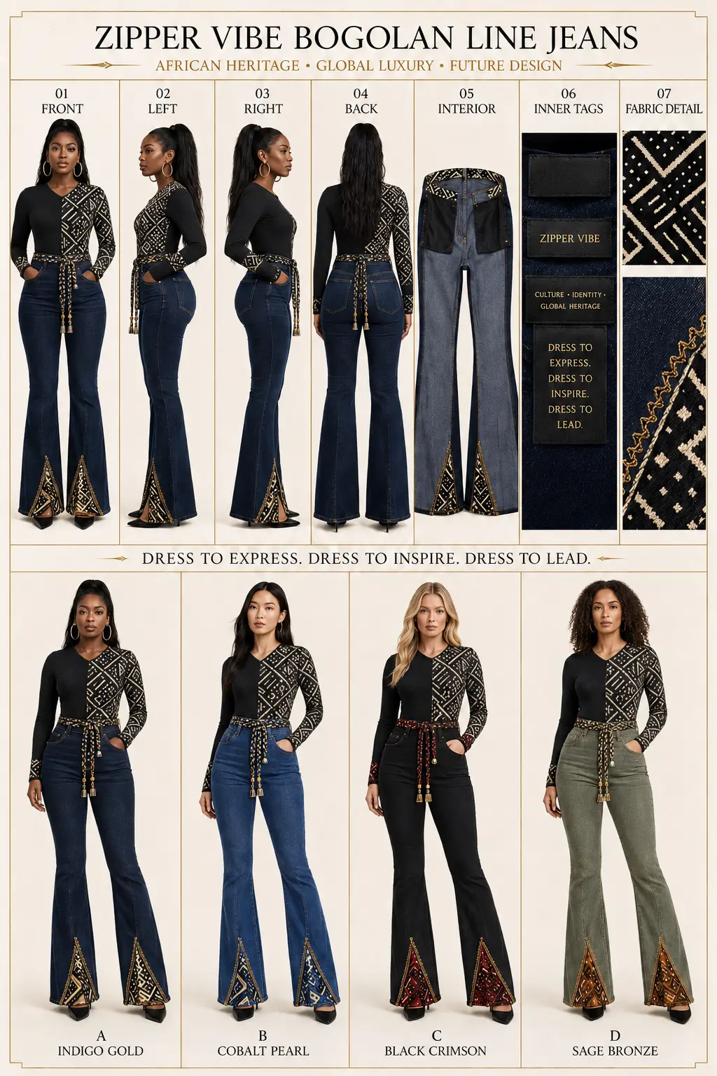 Bogolan mudcloth Line Jeans — Women · Denim seven-view specification plate; showing 01 Front, 02 Left, 03 Right, 04 Back, 05 Interior, 06 Inner tags, 07 Fabric detail.