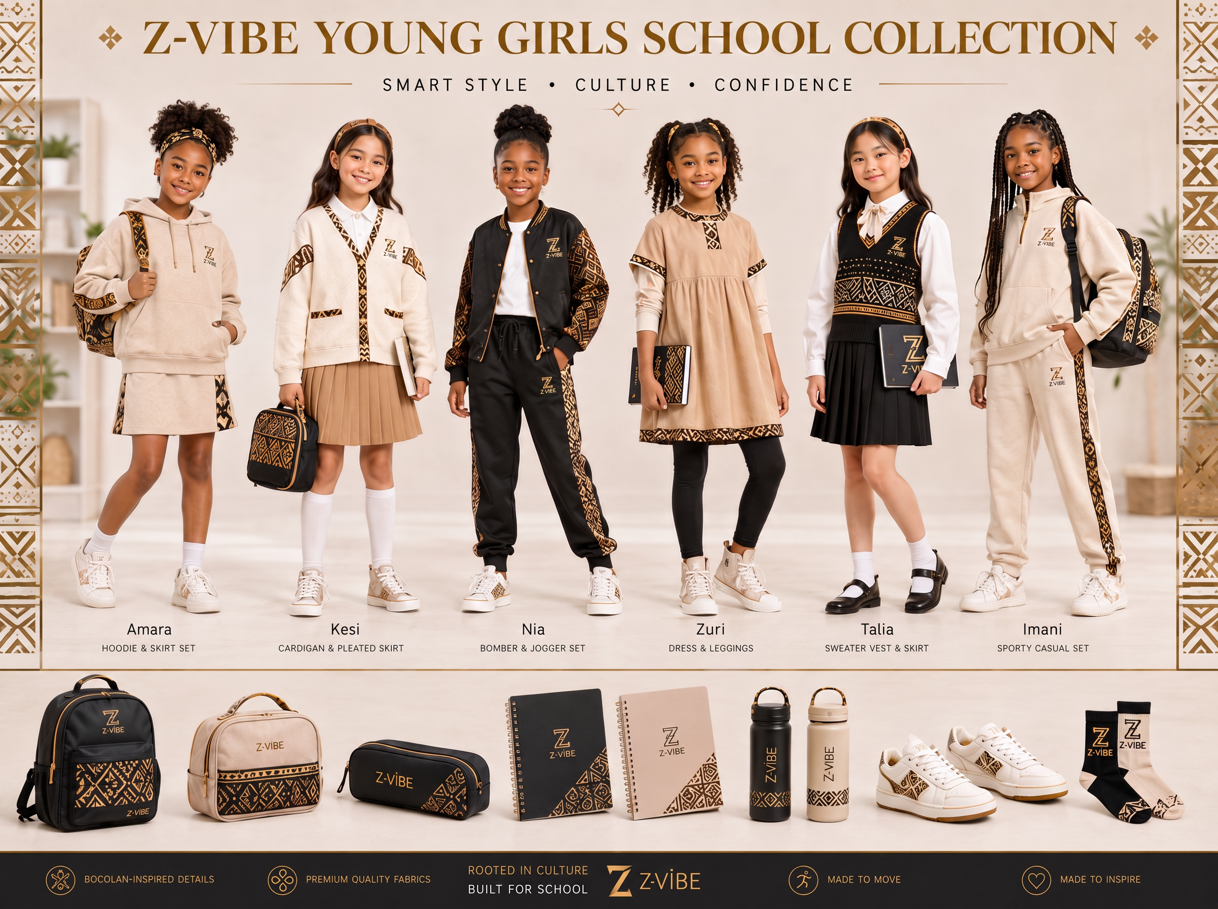 Everyday Brief Set — Girls — House · Z-Vibe Season Atelier™ · Girls seven-view specification plate; showing 01 Front, 02 Left, 03 Right, 04 Back, 05 Interior, 06 Inner tags, 07 Fabric detail. — 01 Front, Pearl Ivory