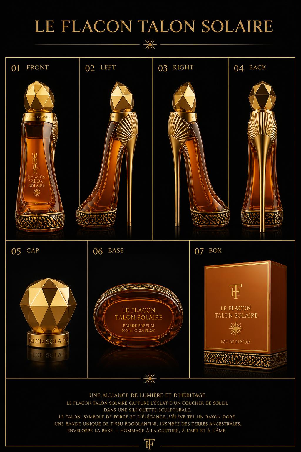 Le Flacon Talon™ Solaire — Parfum · Amber Solaire seven-view specification plate; showing 01 Front, 02 Left, 03 Right, 04 Back, 05 Interior, 06 Inner tags, 07 Fabric detail; made in Amber crystal glass, mirror-gold heel spine, faceted gilt cap, amber lacquer rigid box, Bogolan mudcloth base band; shown in Amber Solaire, Obsidian Gold, Bullion Gold, Cognac Sahel, Winter Ivory.