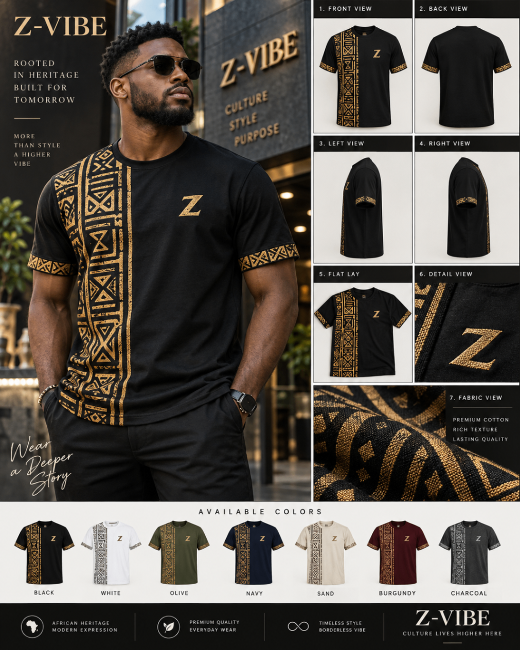 Men · Z-Vibe Heritage Tee Collection™ — approved Z-Vibe design board with Bogolan detailing