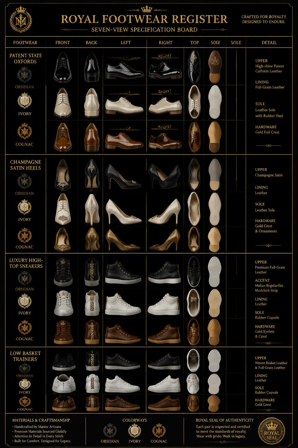 Royalty™ Sneakers & Souliers — Royalty · Footwear seven-view specification plate; showing 01 Front, 02 Left, 03 Right, 04 Back, 05 Interior, 06 Inner tags, 07 Fabric detail. — 01 Front, Obsidian