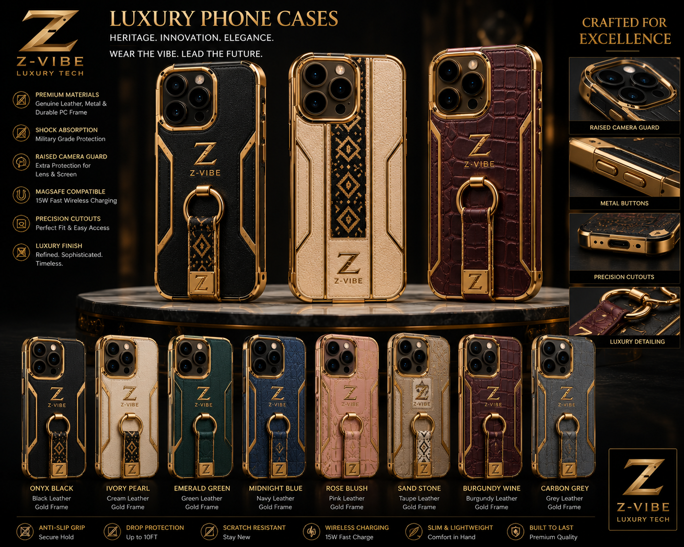 Aurea Signature Case — Onyx Black — Women — House · Z-Vibe Aurea seven-view specification plate; showing 01 Front, 02 Left, 03 Right, 04 Back, 05 Interior, 06 Inner tags, 07 Fabric detail. — 01 Front, Onyx Black / Gold
