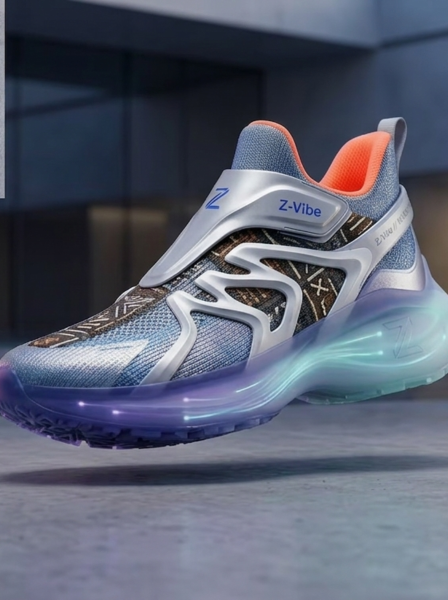 Z-Vibe Aero Lumina™ Runner — Women · Future Footwear seven-view specification plate; showing 01 Front, 02 Left, 03 Right, 04 Back, 05 Interior, 06 Inner tags, 07 Fabric detail; made in Engineered knit, chrome-finish TPU exoframe, luminous gradient air sole, Bogolan mudcloth print; shown in Lumina Ice, Lumina Violet, Lumina Jade, Obsidian Gold, Ivory Mud, Coral Signal.