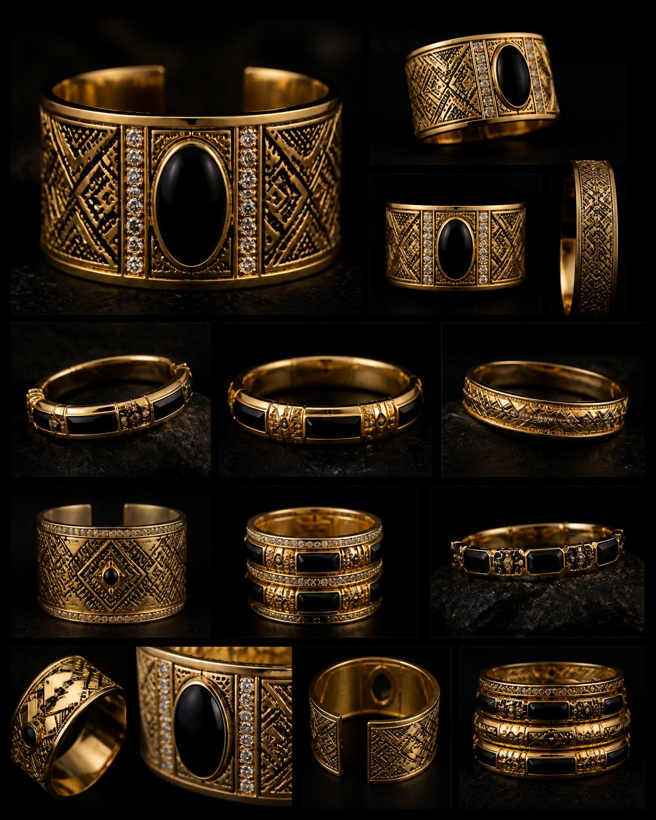 Sovereign Onyx Cuff — Women — House · Z-Vibe Joaillerie seven-view specification plate; showing 01 Front, 02 Left, 03 Right, 04 Back, 05 Interior, 06 Inner tags, 07 Fabric detail. — 01 Front, Gold / Onyx Noir