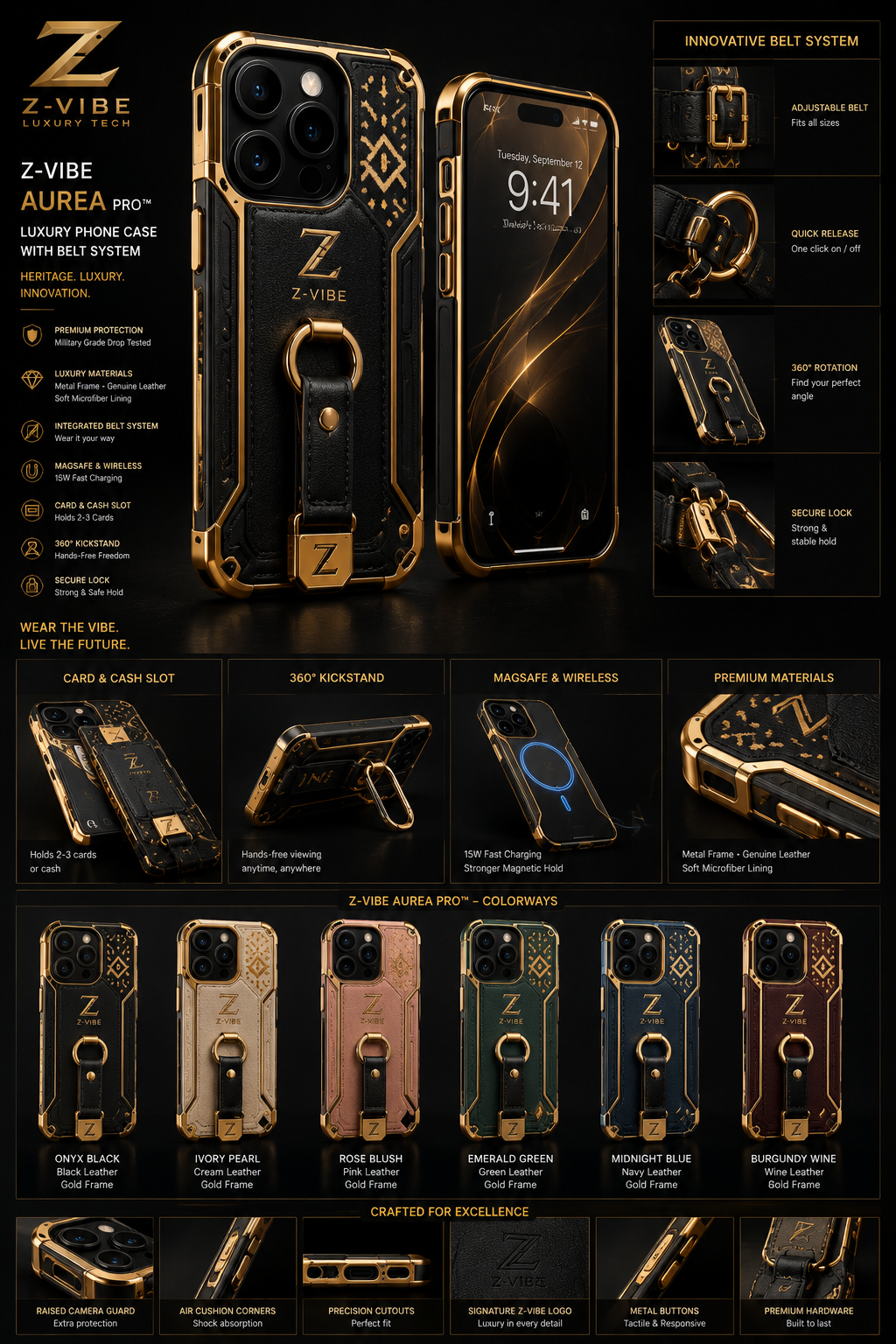 Aurea Pro Belt Case — Women — House · Z-Vibe Aurea seven-view specification plate; showing 01 Front, 02 Left, 03 Right, 04 Back, 05 Interior, 06 Inner tags, 07 Fabric detail. — 01 Front, Onyx Black / Gold