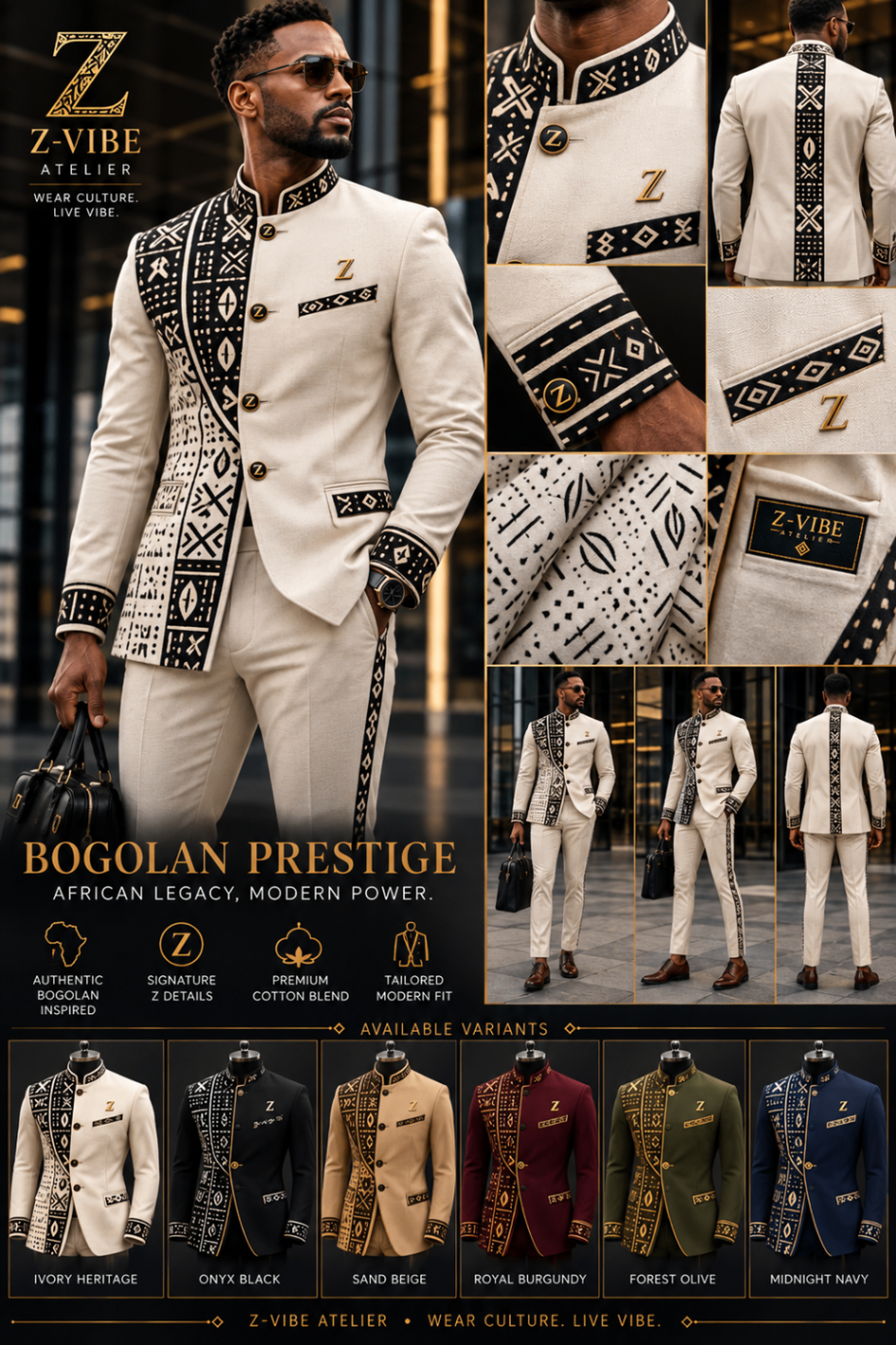 Men · Bogolan Prestige™ — approved Z-Vibe design board with Bogolan detailing