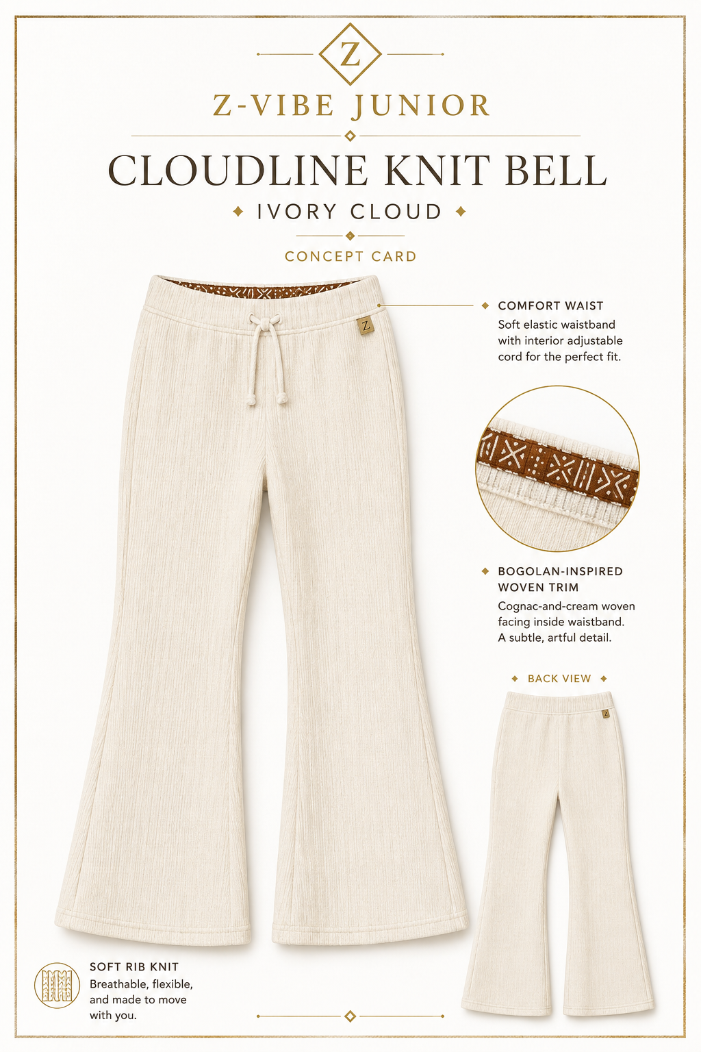 Cloudline Knit Bell Trouser — Junior — House · Z-Vibe Junior seven-view specification plate; showing 01 Front, 02 Left, 03 Right, 04 Back, 05 Interior, 06 Inner tags, 07 Fabric detail. — 01 Front, Ivory Cloud