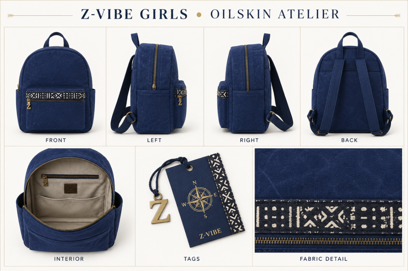 Compass Voyager Backpack — Girls — House · Z-Vibe Oilskin Atelier seven-view specification plate; showing 01 Front, 02 Left, 03 Right, 04 Back, 05 Interior, 06 Inner tags, 07 Fabric detail. — 01 Front, Indigo Wax