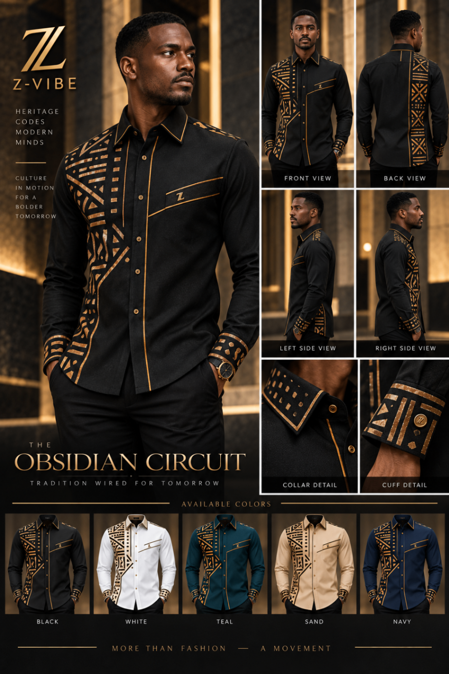 Men · Z-Vibe Atelier Shirts™ V — approved Z-Vibe design board with Bogolan detailing