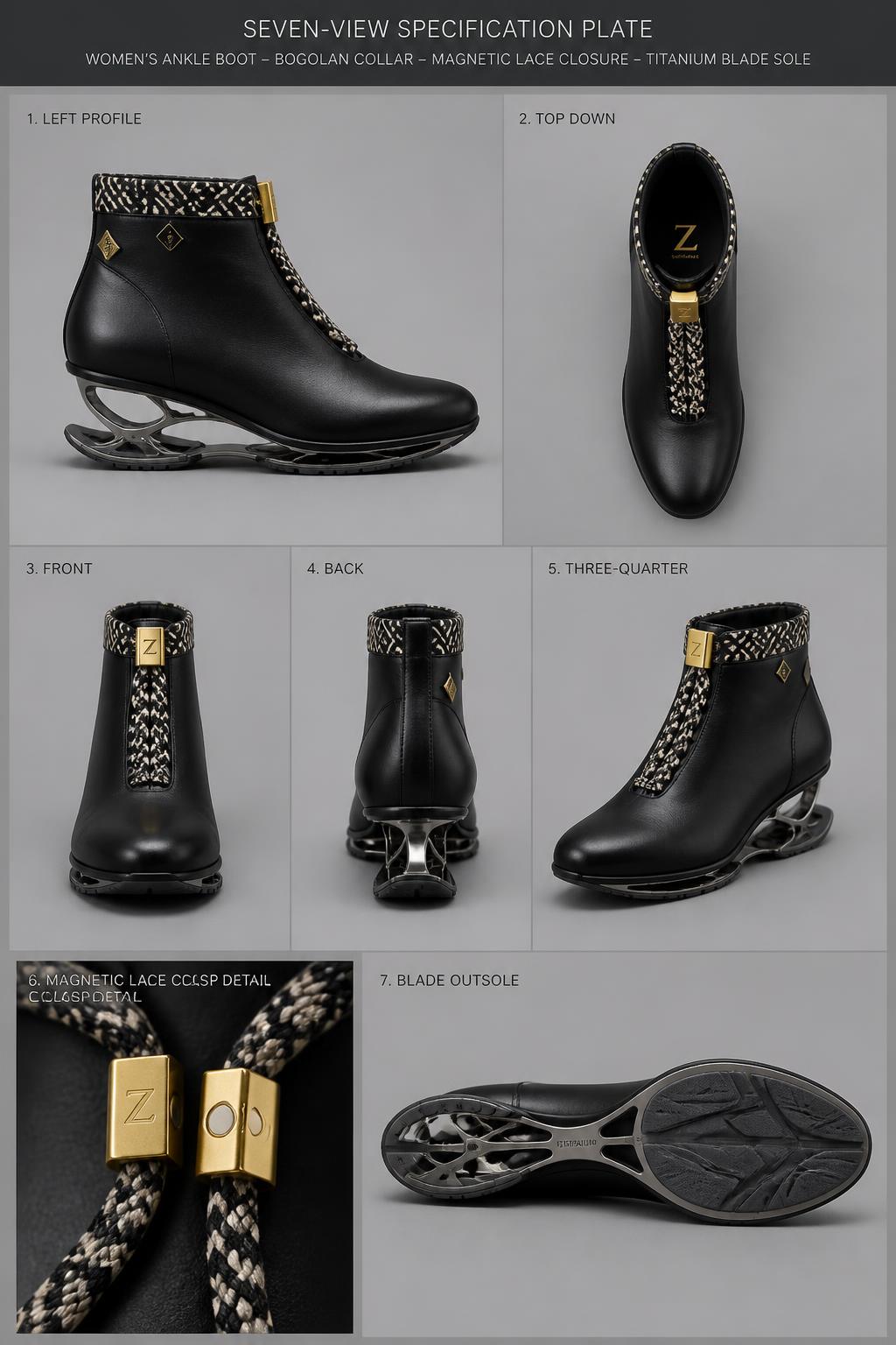Z-Vibe Blade™ Magnetic Boot — Women · Footwear seven-view specification plate; showing 01 Front, 02 Left, 03 Right, 04 Back, 05 Interior, 06 Inner tags, 07 Fabric detail; made in Black calf leather, Bogolan mudcloth collar band, Bogolan mudcloth cord laces, titanium blade sole; shown in Obsidian Gold, Graphite Gold, Indigo Mud, Sable Mud, Bronze Earth, Ivory Blade.