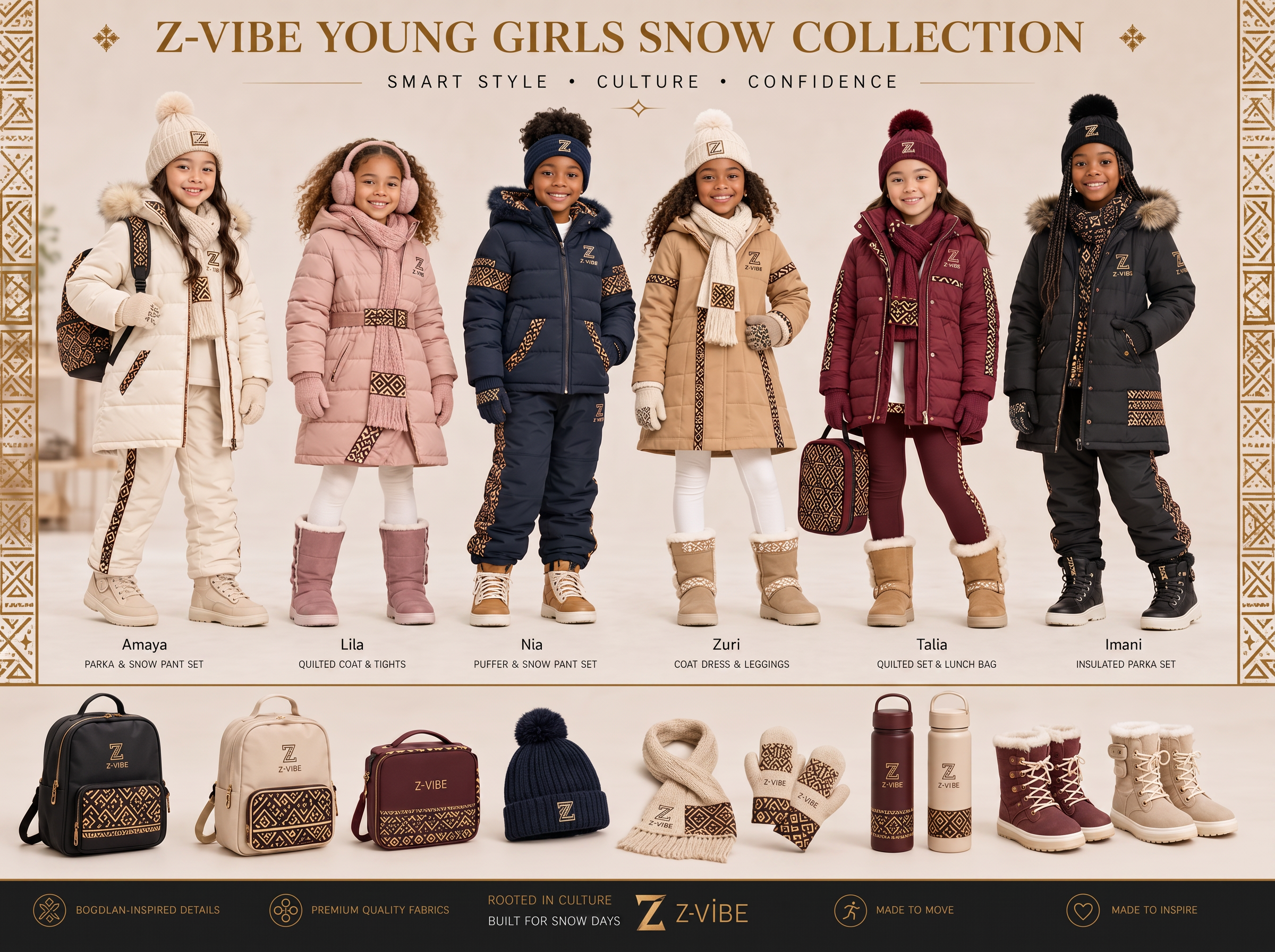 Bucket Hat Sahel — Girls — House · Z-Vibe Season Atelier™ · Girls seven-view specification plate; showing 01 Front, 02 Left, 03 Right, 04 Back, 05 Interior, 06 Inner tags, 07 Fabric detail. — 01 Front, Sand
