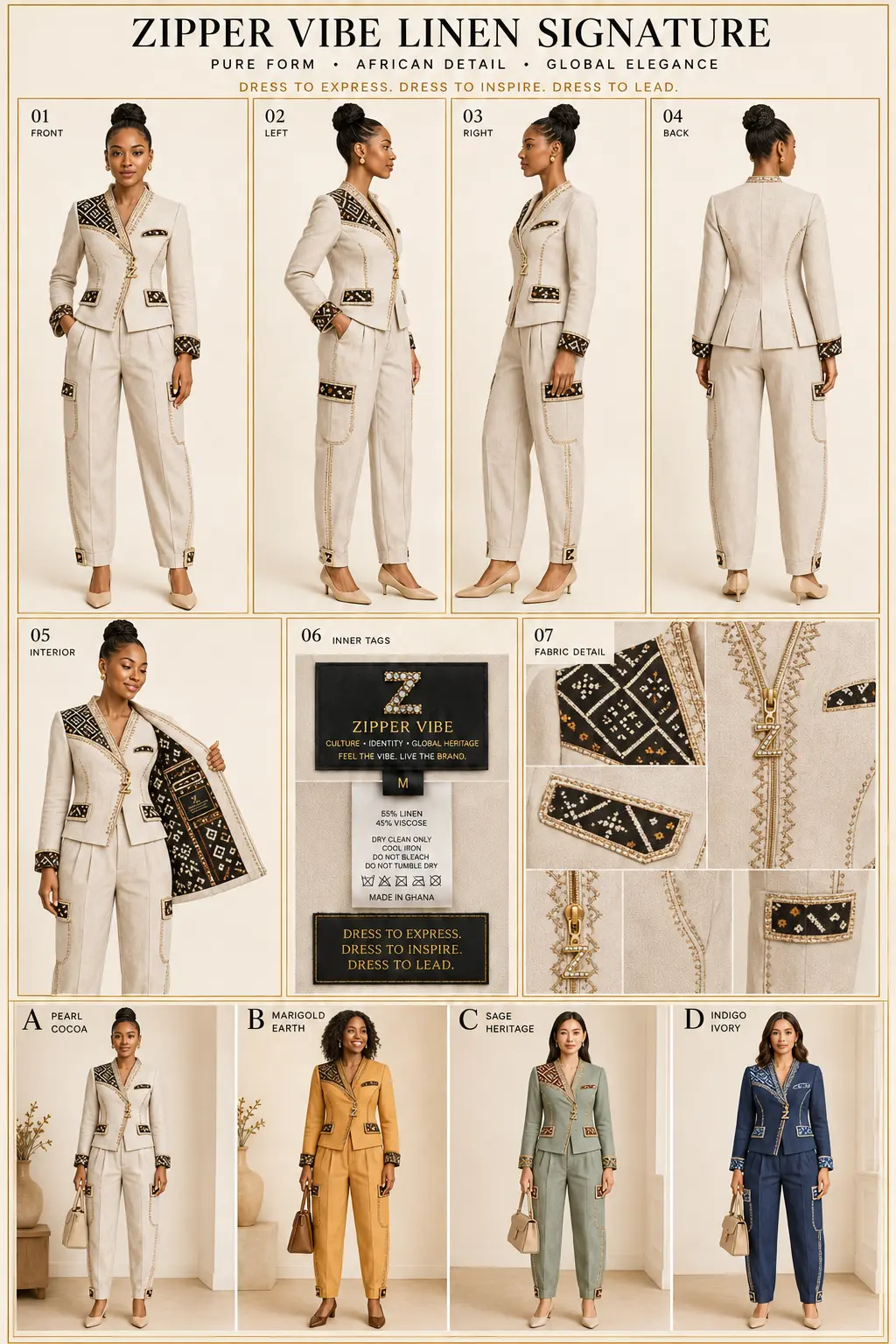 Linen Signature Blazer — Women · Linen seven-view specification plate; showing 01 Front, 02 Left, 03 Right, 04 Back, 05 Interior, 06 Inner tags, 07 Fabric detail.