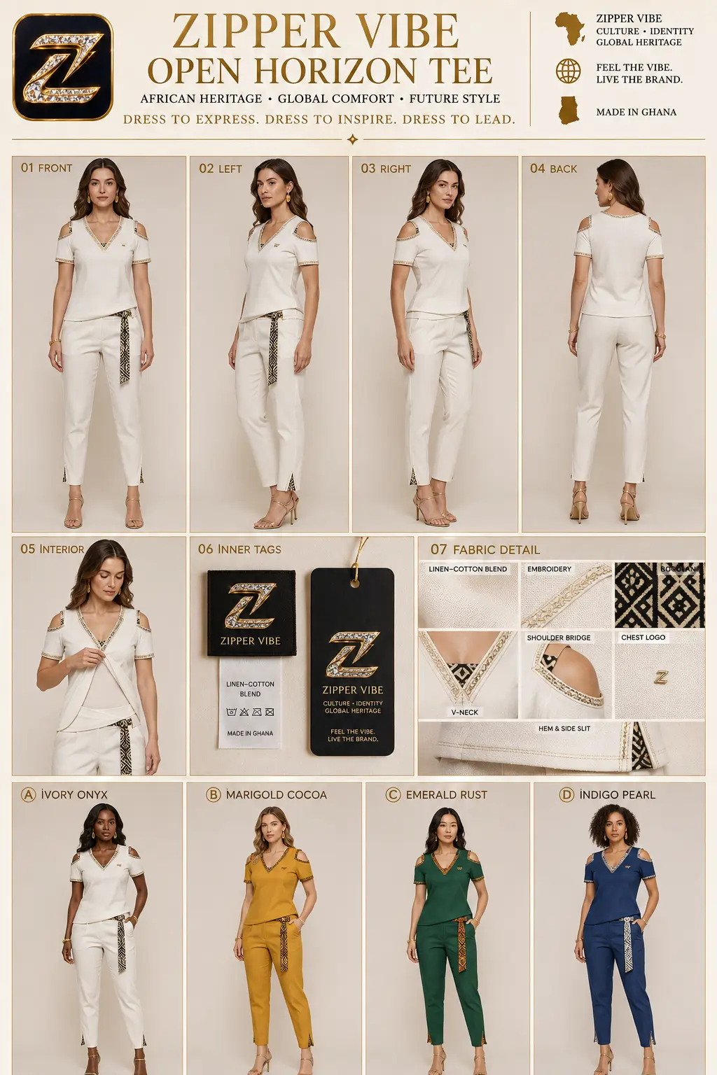 01 Front — Open Horizon Tee — Women · Global Comfort seven-view specification plate; showing 01 Front, 02 Left, 03 Right, 04 Back, 05 Interior, 06 Inner tags, 07 Fabric detail; made in Linen-cotton blend, embroidered trim, Bogolan mudcloth sash; shown in Ivory Onyx, Marigold Cocoa, Emerald Rust, Indigo Pearl.