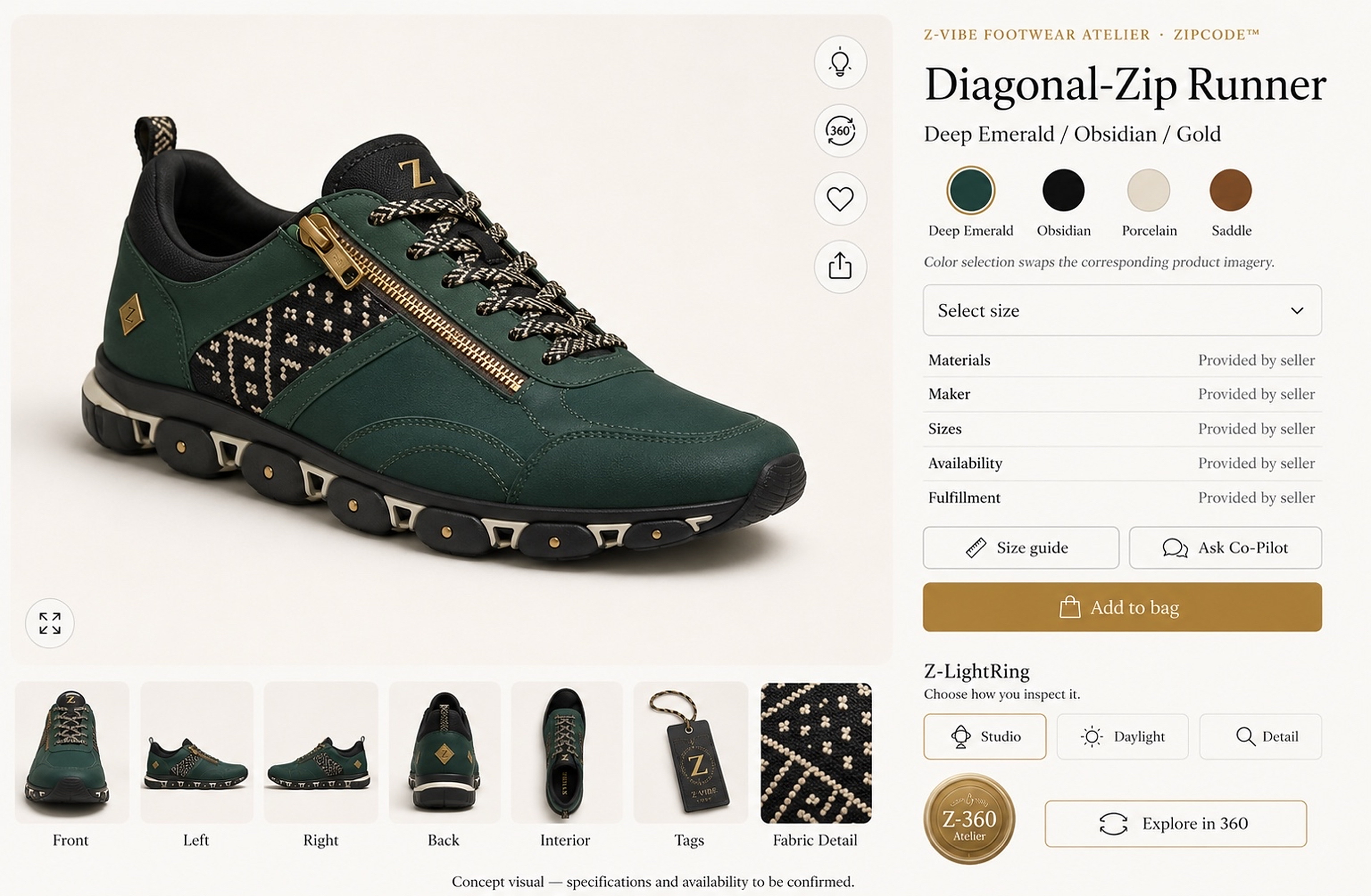 Diagonal-Zip Runner · Emerald design board