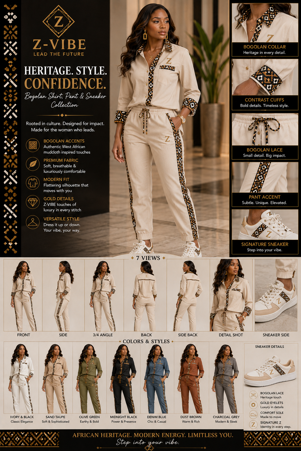 Heritage Confidence Shirt & Pant Set — Women — Women · Heritage Confidence seven-view specification plate; showing 01 Front, 02 Left, 03 Right, 04 Back, 05 Interior, 06 Inner tags, 07 Fabric detail. — 01 Front, Ivory & Black