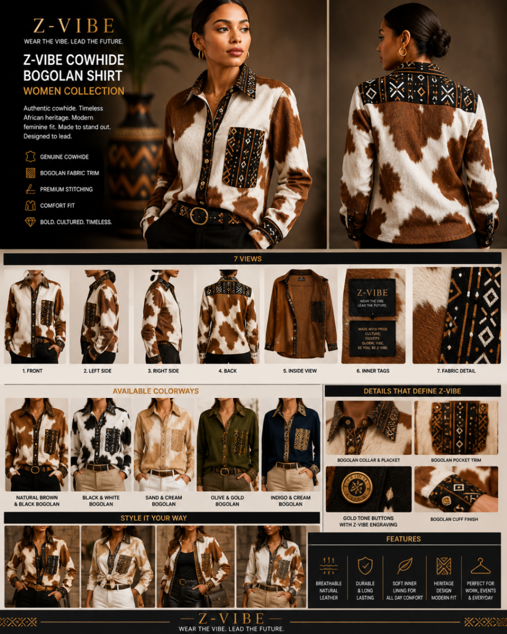 Cowhide Bogolan mudcloth Shirt — Women — Women · Shirting seven-view specification plate; showing 01 Front, 02 Left side, 03 Right side, 04 Back, 05 Inside view, 06 Inner tags, 07 Fabric detail.
