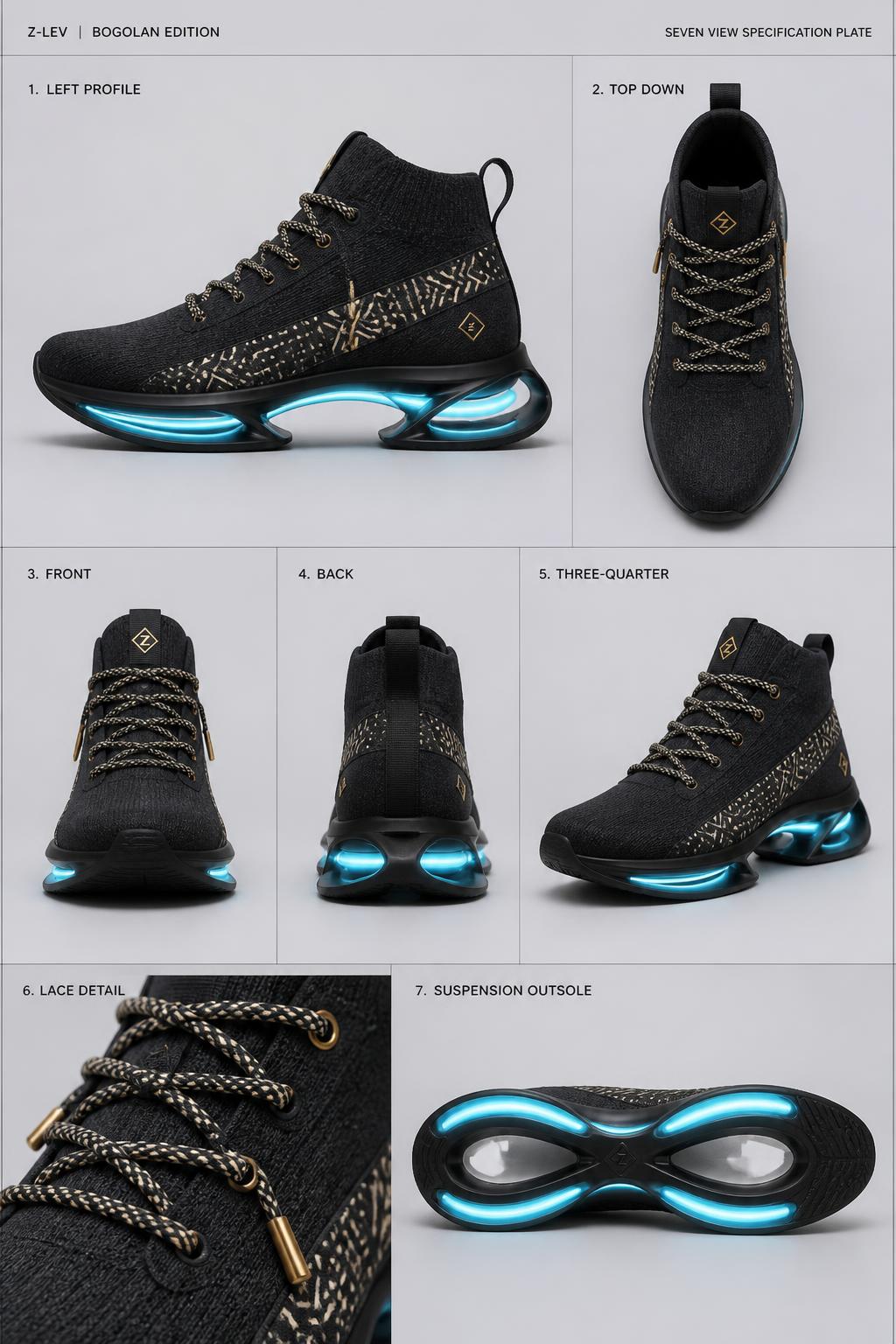 Z-Vibe Levitate™ Suspension Mid — Unisex · Footwear seven-view specification plate; showing 01 Front, 02 Left, 03 Right, 04 Back, 05 Interior, 06 Inner tags, 07 Fabric detail; made in Recycled charcoal knit, Bogolan mudcloth quarter stripe, rope Bogolan mudcloth laces, suspension TPU sole; shown in Cyan Night, Amber Night, Indigo Night, Jade Night, Obsidian Gold, Graphite.