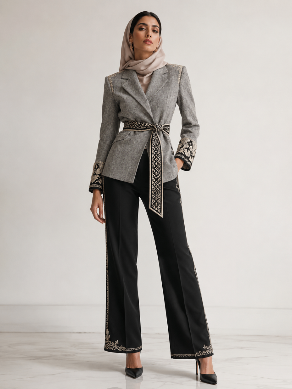 Grey Belted Heritage Suit design board