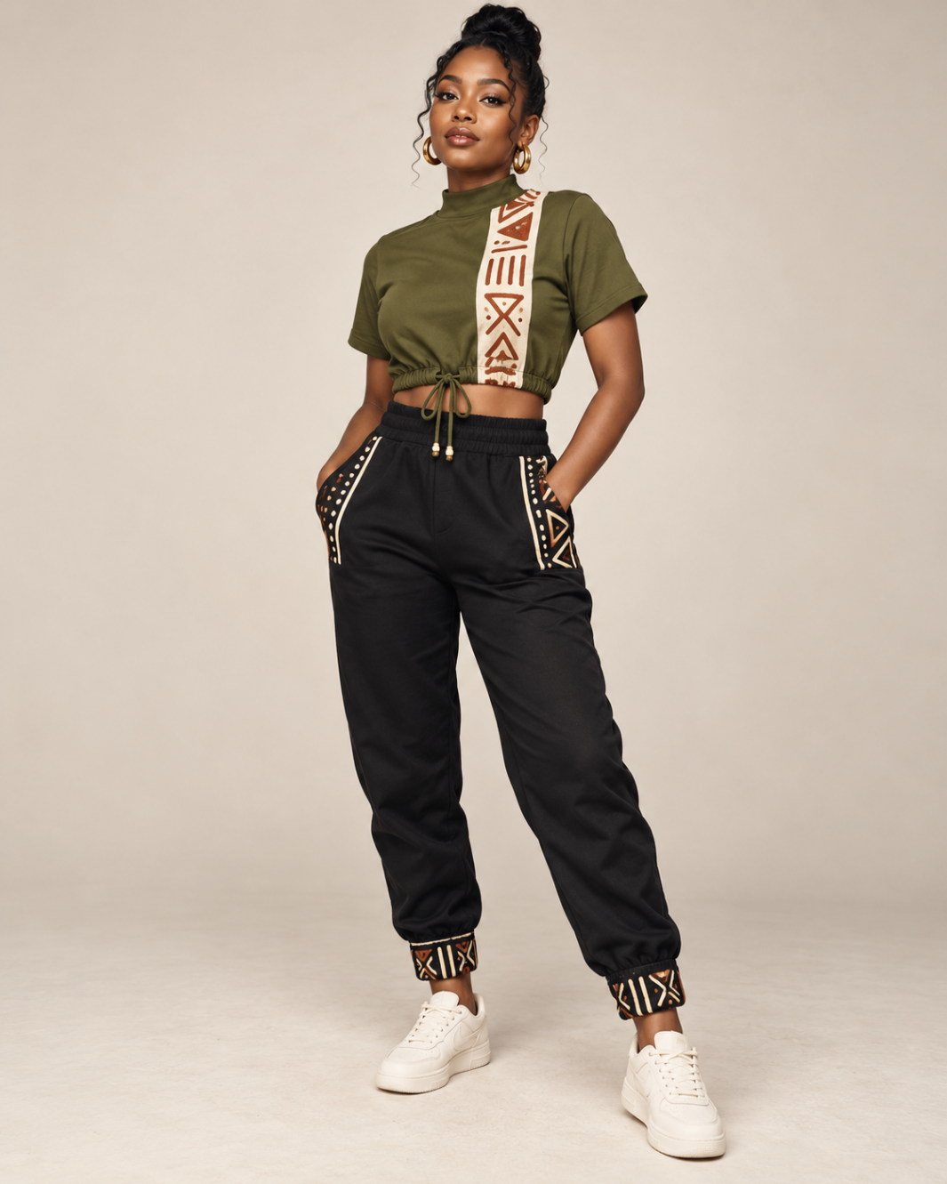 Olive Drawstring Crop & Black Joggers — Women — House · Z-Vibe Bogolan Lounge™ seven-view specification plate; showing 01 Front, 02 Left, 03 Right, 04 Back, 05 Interior, 06 Inner tags, 07 Fabric detail. — 01 Front, Olive / Black