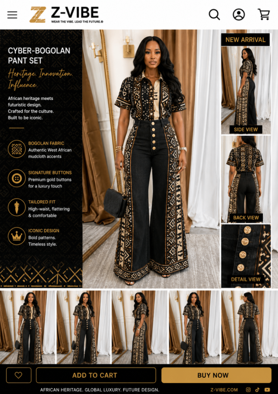 Cyber-Bogolan™ Onyx Pant Set — Women · Denim seven-view specification plate; showing 01 Front, 02 Left, 03 Right, 04 Back, 05 Interior, 06 Inner tags, 07 Fabric detail. — 01 Front, Onyx Gold