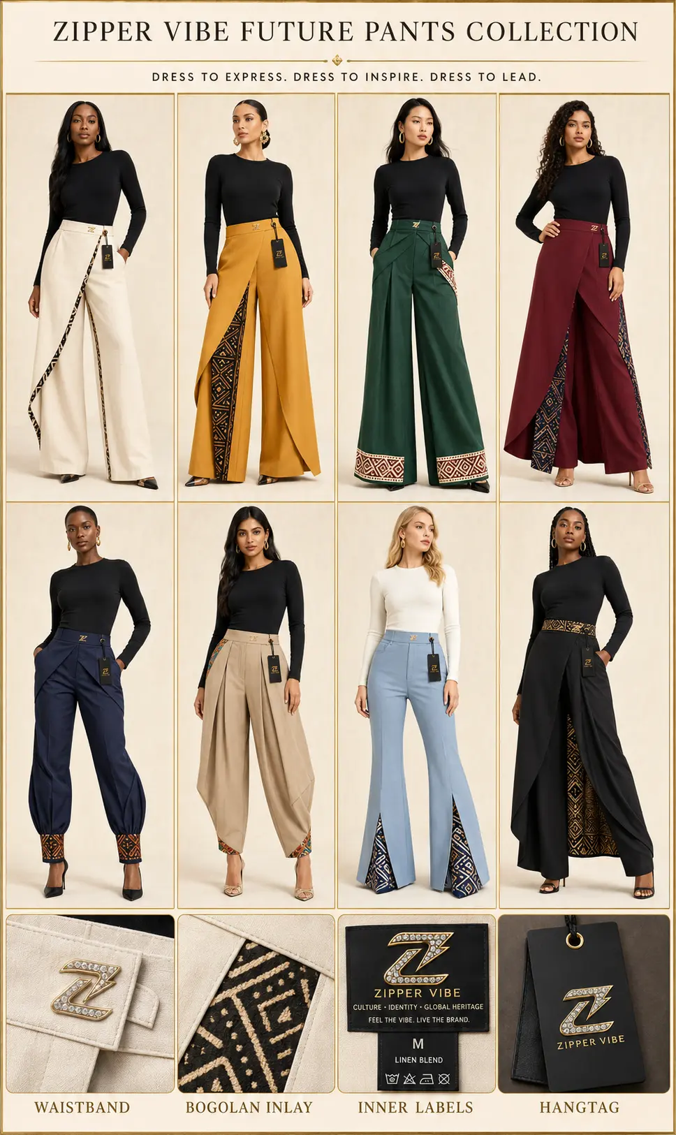 Future Pants Collection — Women · Future Tailoring seven-view specification plate; showing 01 Front, 02 Left, 03 Right, 04 Back, 05 Interior, 06 Inner tags, 07 Fabric detail.
