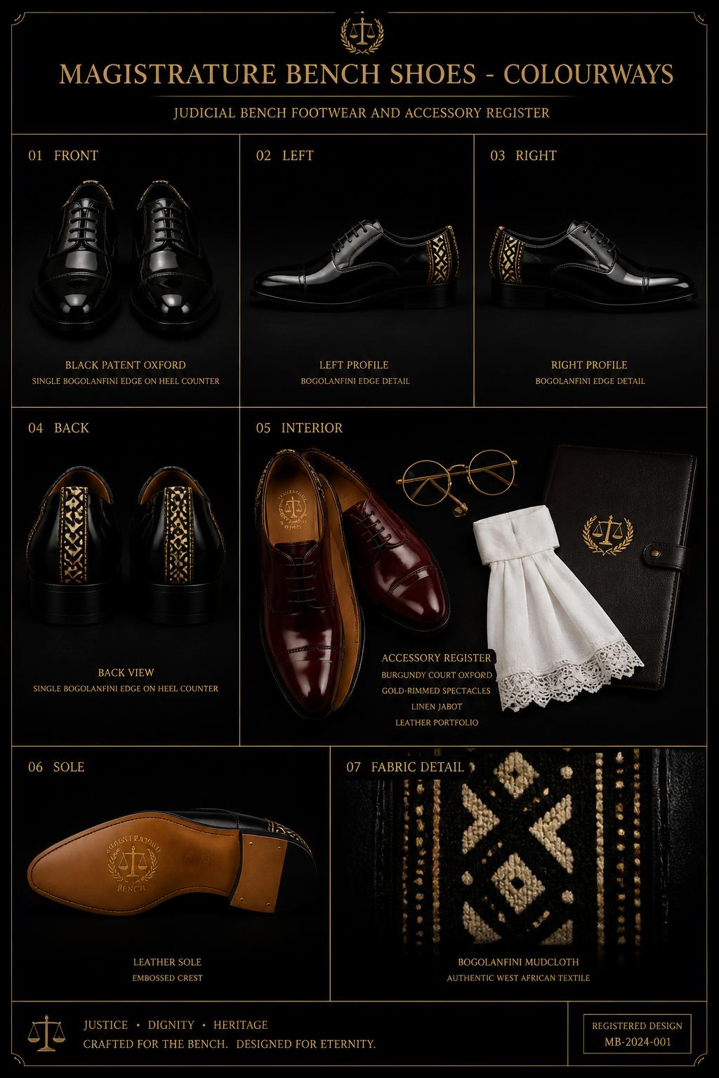 Magistrature™ Bench Shoes — Colourways — Magistrature · Regalia seven-view specification plate; showing 01 Front, 02 Left, 03 Right, 04 Back, 05 Interior, 06 Inner tags, 07 Fabric detail. — 01 Front, Bench Noir