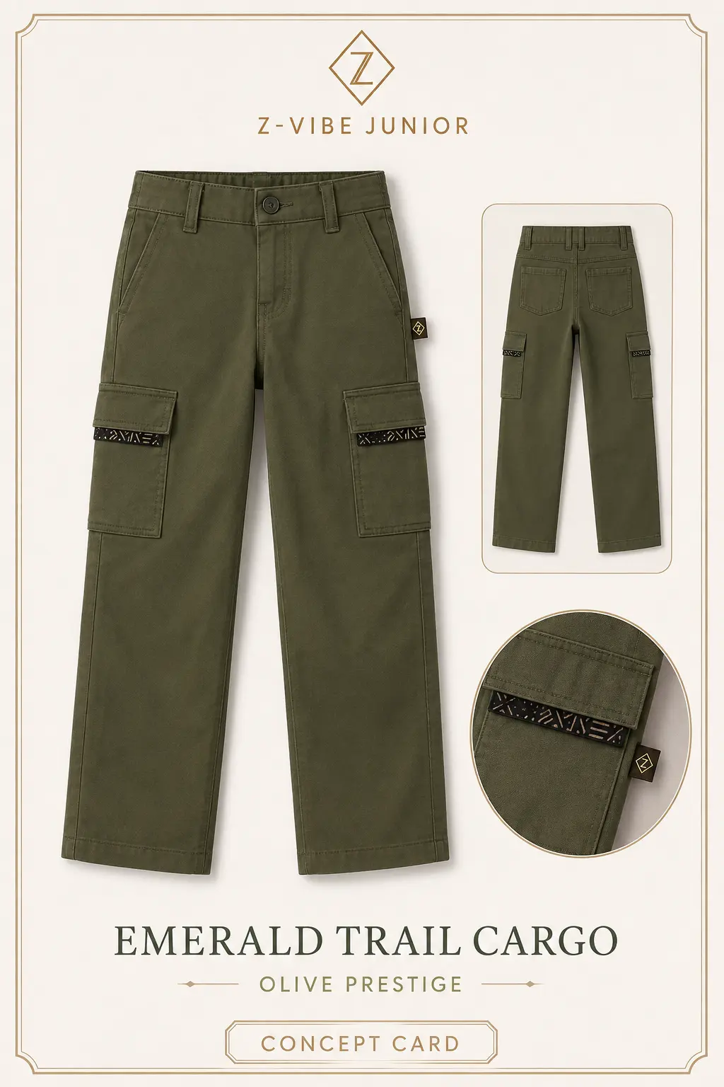 Emerald Trail Cargo — Junior — House · Z-Vibe Junior seven-view specification plate; showing 01 Front, 02 Left, 03 Right, 04 Back, 05 Interior, 06 Inner tags, 07 Fabric detail. — 01 Front, Olive Prestige