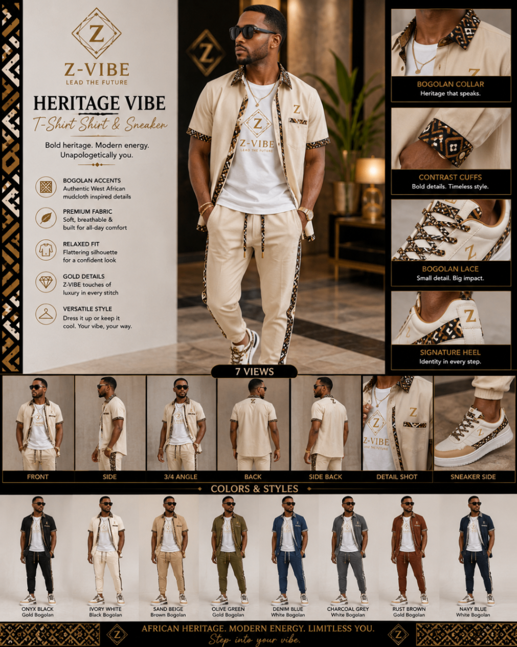 Z-VIBE™ Heritage Men's Shirt, Tee & Sneaker — Men · Signature Jersey seven-view specification plate; showing 01 Front, 02 Left, 03 Right, 04 Back, 05 Interior, 06 Inner tags, 07 Fabric detail. — 01 Front, Onyx Black