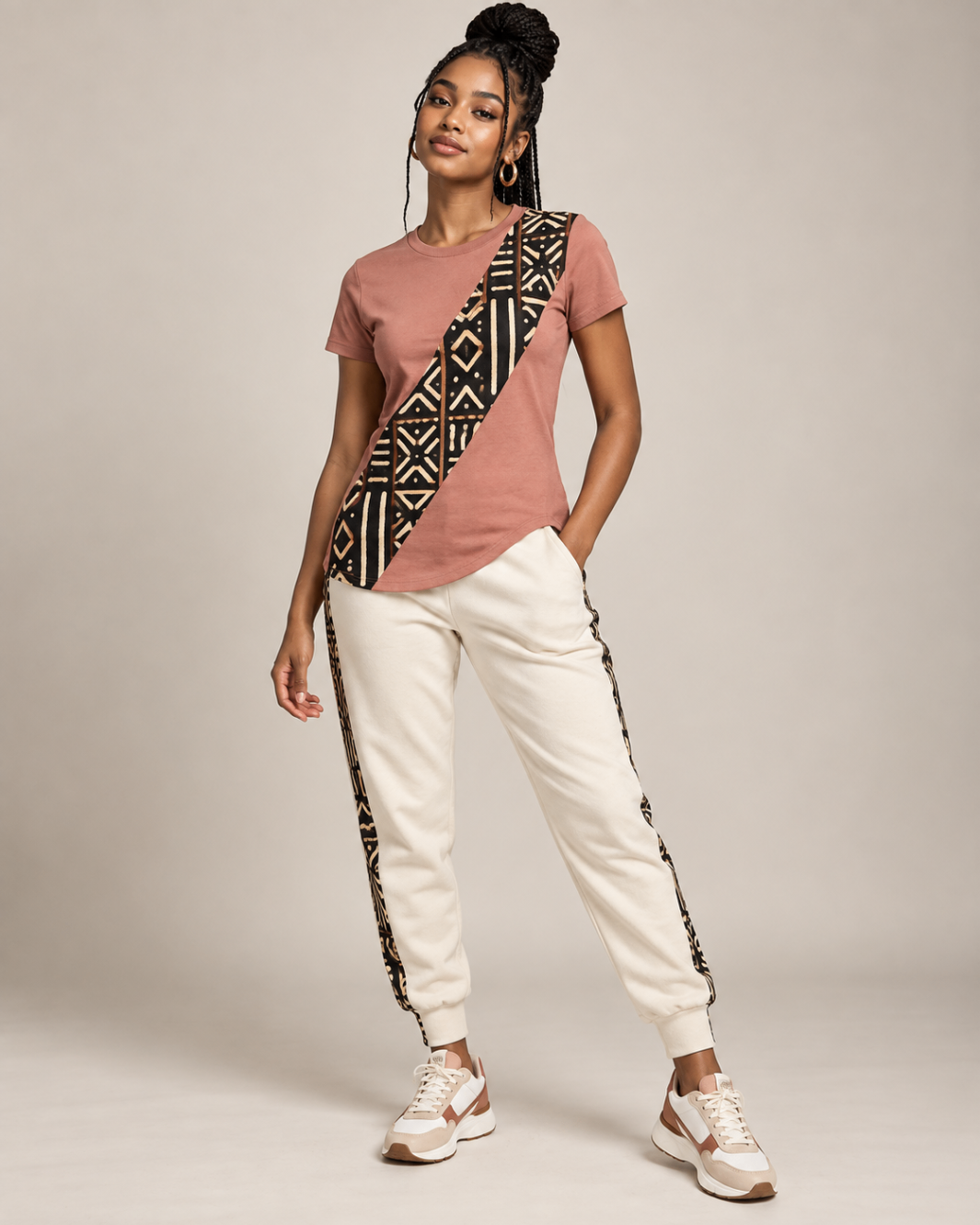 Rose Diagonal Sash Tee & Ivory Joggers — Women — House · Z-Vibe Bogolan Lounge™ seven-view specification plate; showing 01 Front, 02 Left, 03 Right, 04 Back, 05 Interior, 06 Inner tags, 07 Fabric detail. — 01 Front, Rose / Ivory