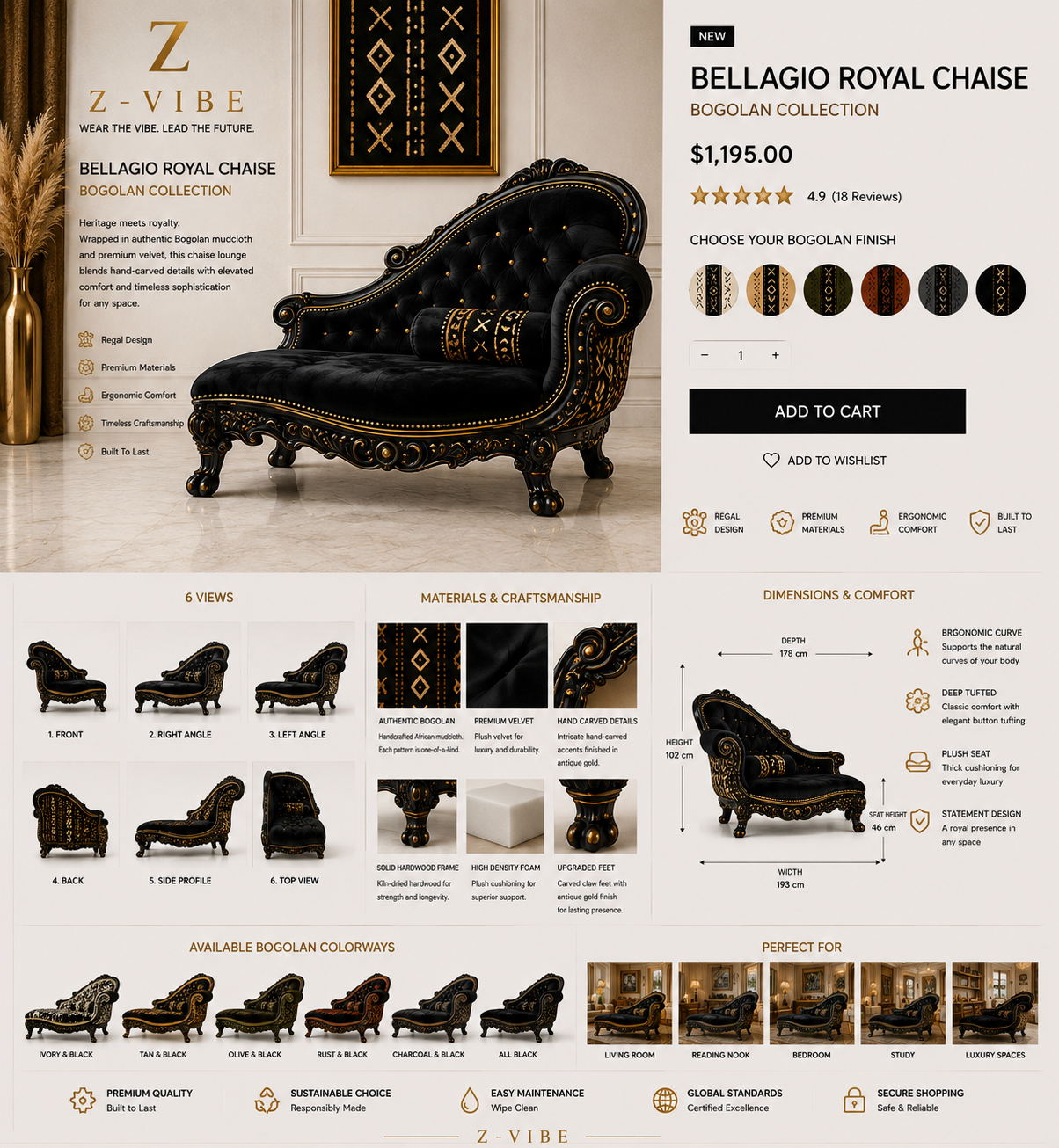Bellagio Royal Chaise — Noir Velvet design board