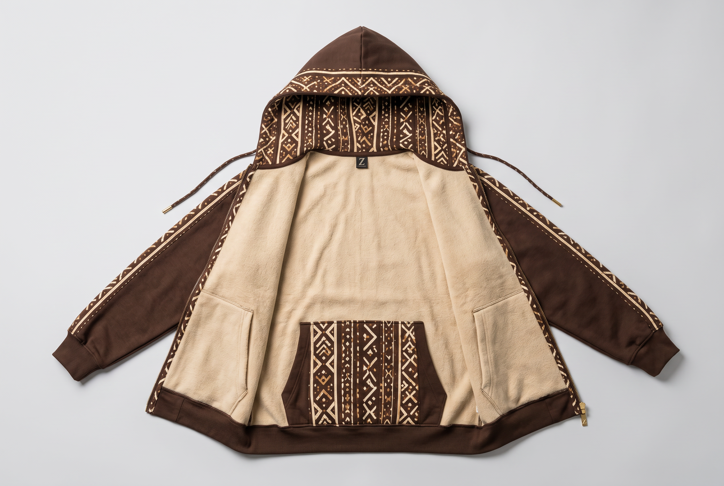 Bogolan Hoodie Set · Cocoa — Women, 05 Interior (view 5 of 7). Interior: lining, facings and the concealed closure.