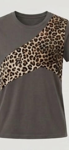 Leopard Diagonal Panel Tee — Women — Women · Z-Vibe Jersey seven-view specification plate; showing 01 Front, 02 Left, 03 Right, 04 Back, 05 Interior, 06 Inner tags, 07 Fabric detail. — 01 Front, Olive Charcoal