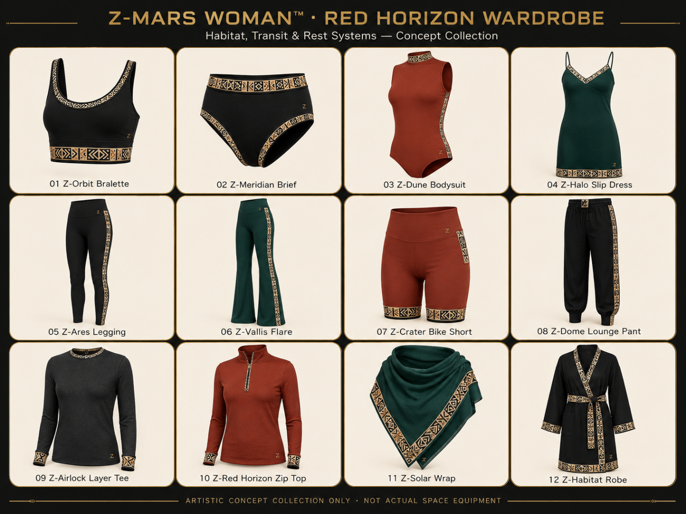 Z-Orbit Bralette — Women — House · Z-Mars Woman™ Red Horizon seven-view specification plate; showing 01 Front, 02 Left, 03 Right, 04 Back, 05 Interior, 06 Inner tags, 07 Fabric detail. — 01 Front, Onyx Black