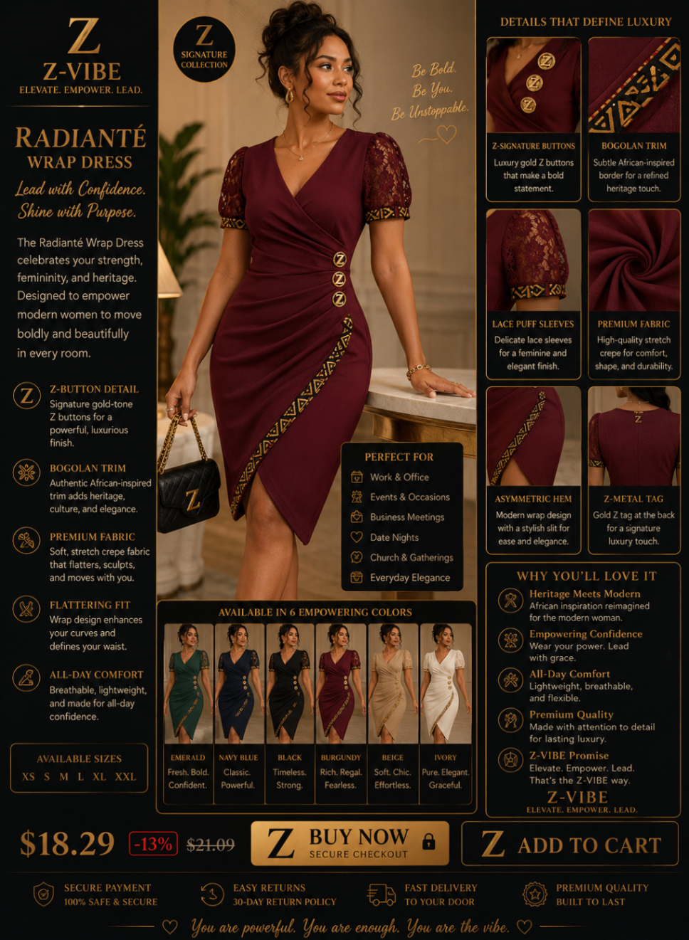 Radianté Wrap Dress — Women — House · Z-Vibe Signature Collection seven-view specification plate; showing 01 Front, 02 Left, 03 Right, 04 Back, 05 Interior, 06 Inner tags, 07 Fabric detail. — 01 Front, Emerald