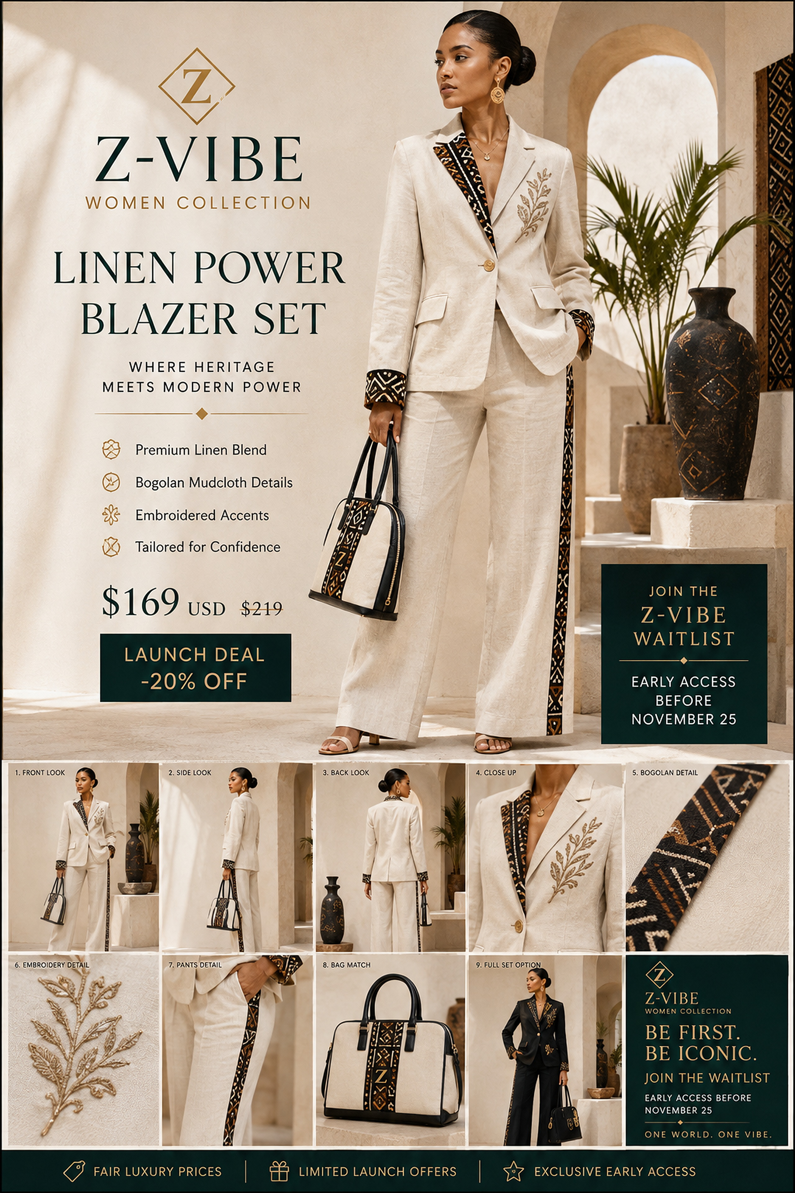 Linen Power Trouser · Ivory — Women — House · Z-Vibe Maison™ · Women seven-view specification plate; showing 01 Front, 02 Left, 03 Right, 04 Back, 05 Interior, 06 Inner tags, 07 Fabric detail. — 01 Front, Pearl Ivory