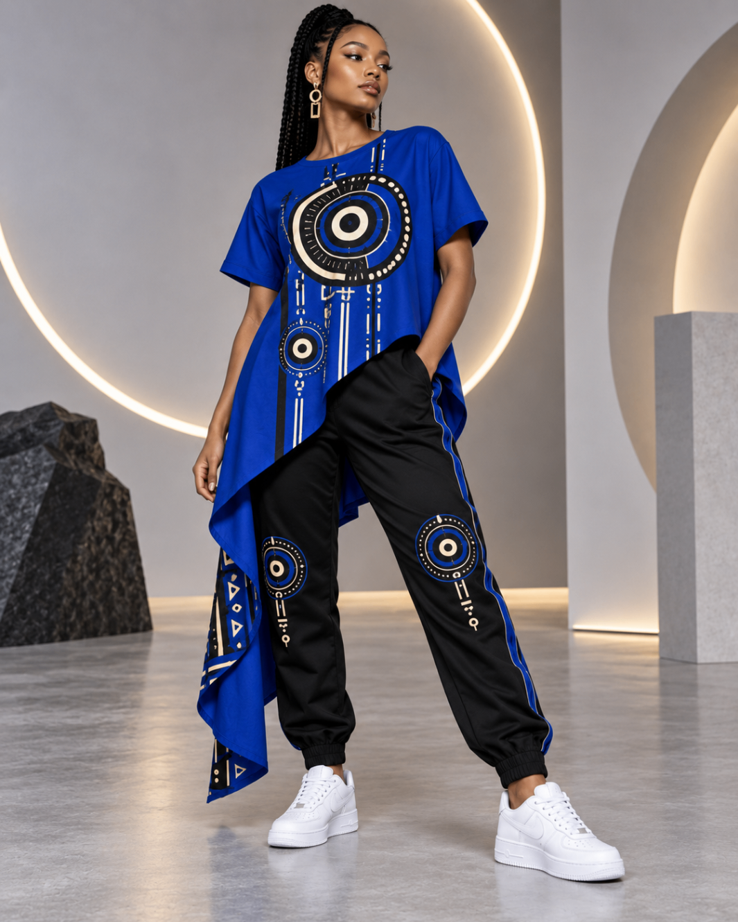 Royal Orbit Scoop Tee & Black Rail Joggers — Women — House · Z-Vibe Bogolan Lounge™ seven-view specification plate; showing 01 Front, 02 Left, 03 Right, 04 Back, 05 Interior, 06 Inner tags, 07 Fabric detail. — 01 Front, Royal Blue / Black