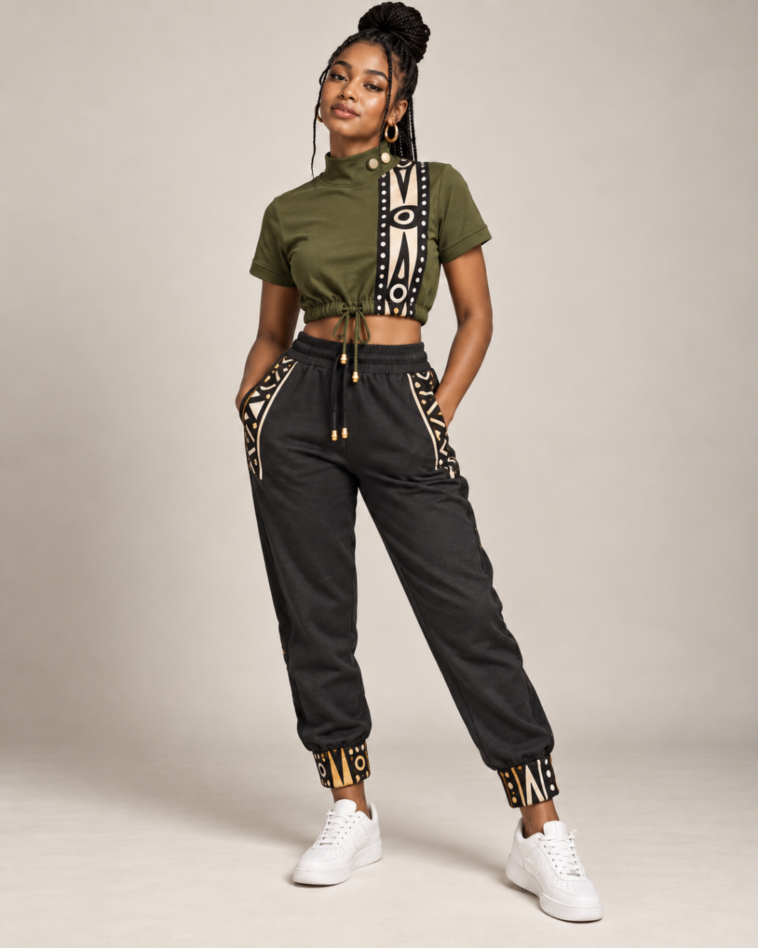 Olive Cinch Crop & Charcoal Joggers — Women — House · Z-Vibe Bogolan Lounge™ seven-view specification plate; showing 01 Front, 02 Left, 03 Right, 04 Back, 05 Interior, 06 Inner tags, 07 Fabric detail. — 01 Front, Olive / Charcoal