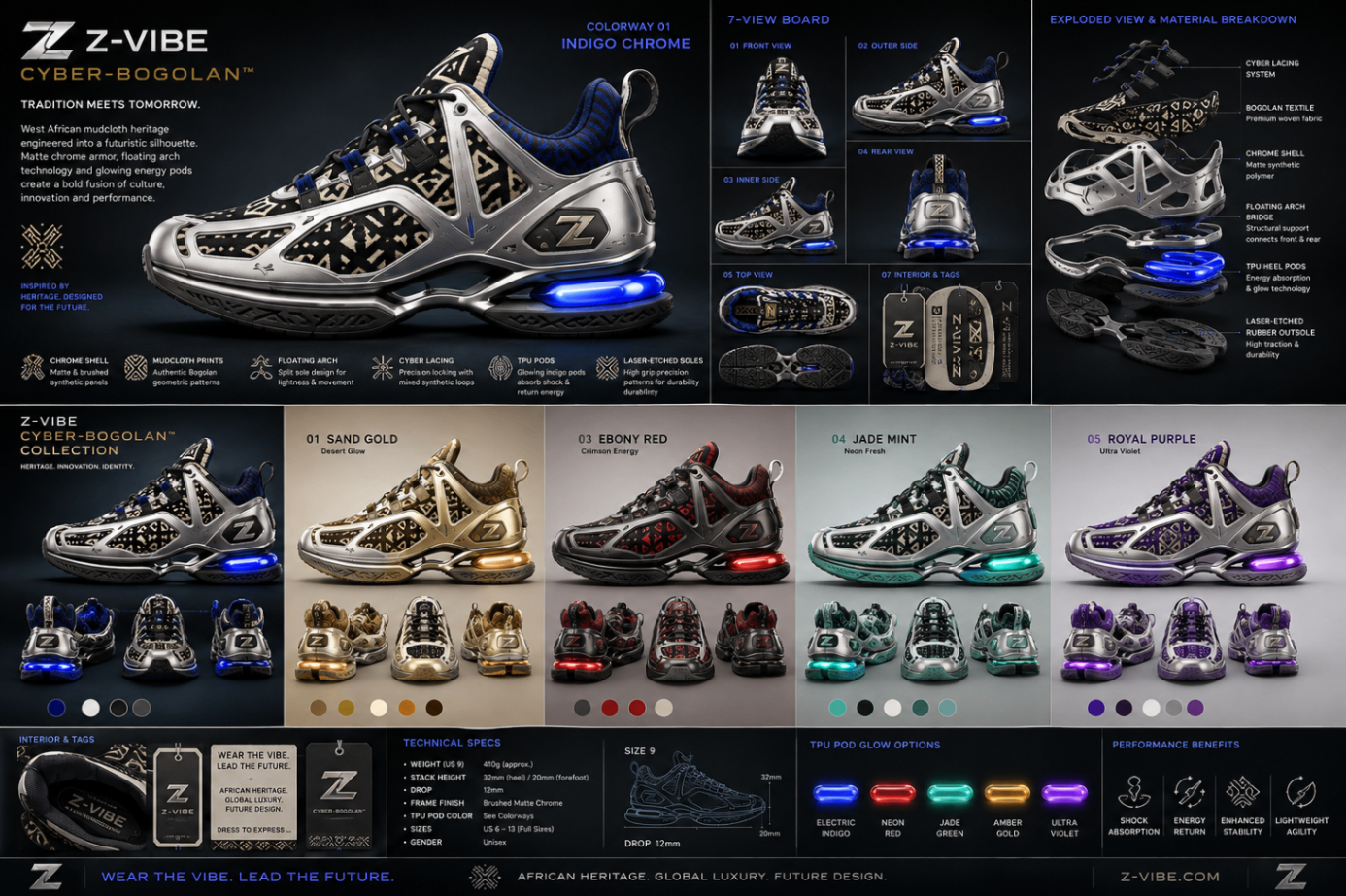 Cyber-Bogolan™ Collection Board — Unisex · Footwear Register seven-view specification plate; showing 01 Front, 02 Left, 03 Right, 04 Back, 05 Interior, 06 Inner tags, 07 Fabric detail. — 01 Front, Indigo Chrome