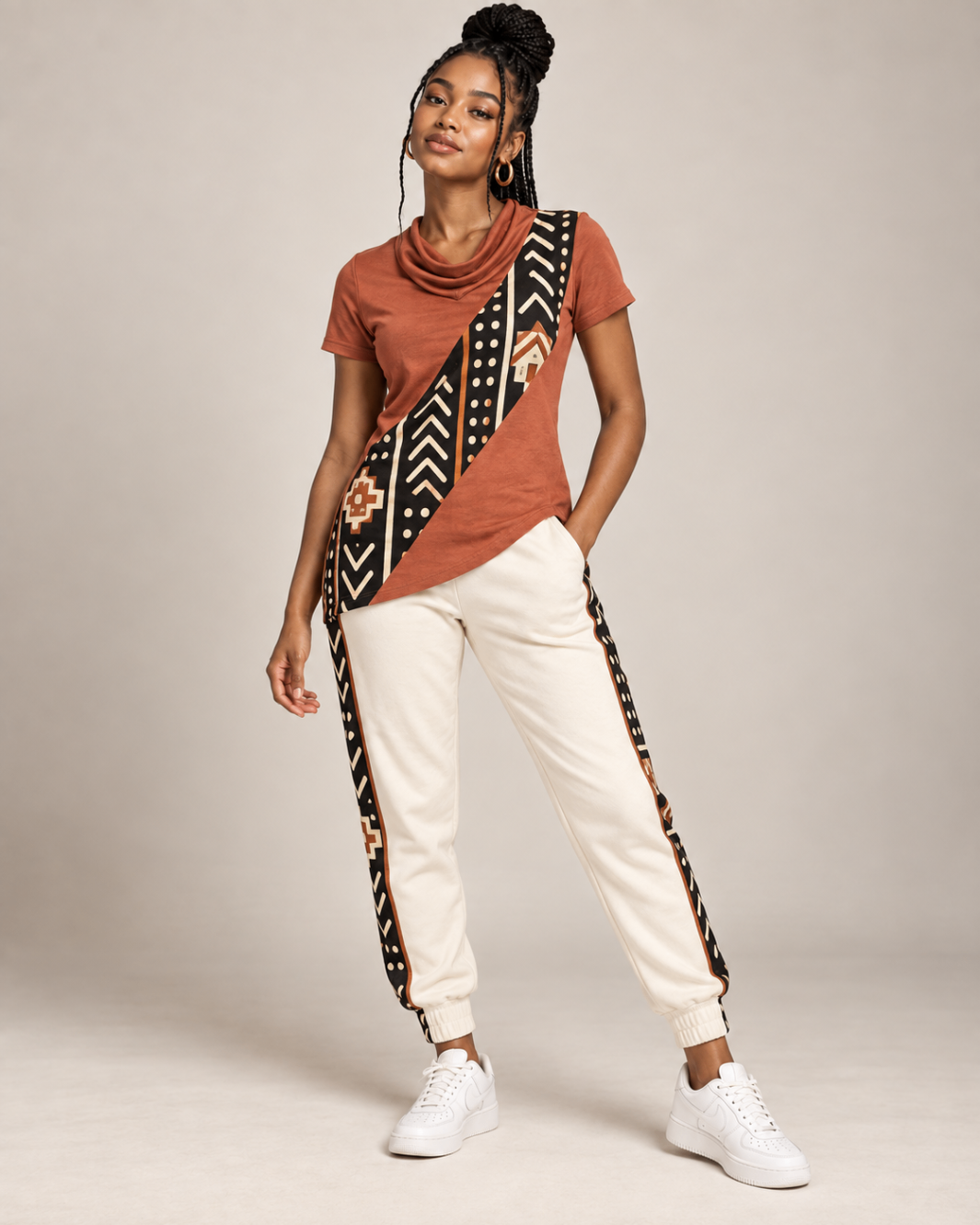 Terracotta Cowl Tee & Ivory Joggers — Women — House · Z-Vibe Bogolan Lounge™ seven-view specification plate; showing 01 Front, 02 Left, 03 Right, 04 Back, 05 Interior, 06 Inner tags, 07 Fabric detail. — 01 Front, Terracotta / Ivory