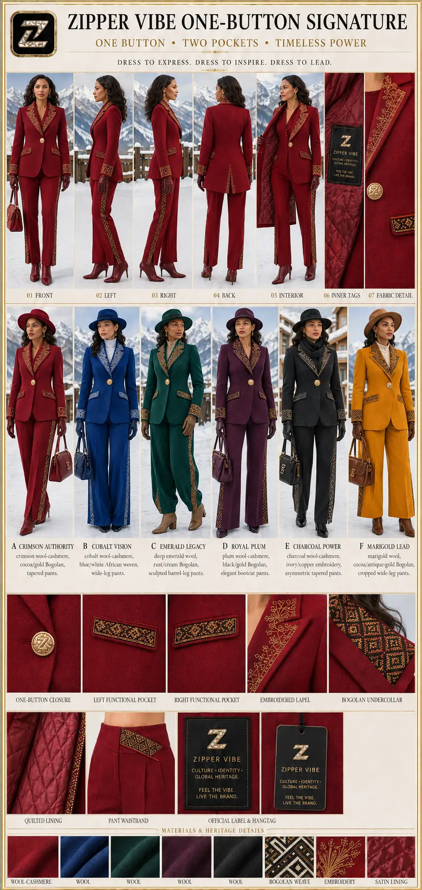 01 Front — One-Button Signature — Women · Signature Tailoring seven-view specification plate; showing 01 Front, 02 Left, 03 Right, 04 Back, 05 Interior, 06 Inner tags, 07 Fabric detail; made in Wool-cashmere, Bogolan mudcloth weave, gold embroidery, satin lining; shown in Crimson Authority, Cobalt Vision, Emerald Legacy, Royal Plum, Charcoal Power, Marigold Lead.