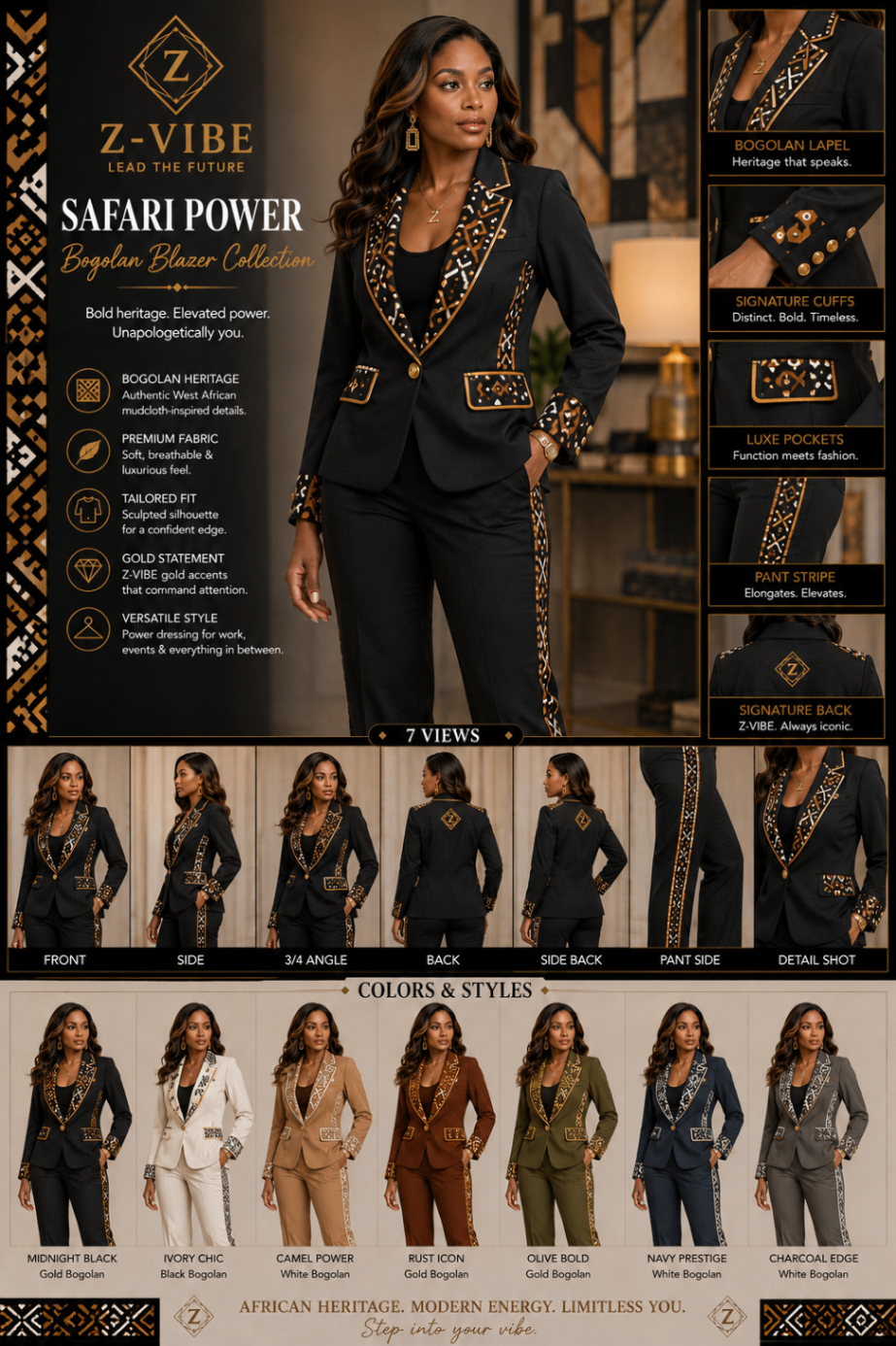 Safari Power™ Bogolan mudcloth Blazer Suit — Women · Tailoring seven-view specification plate; showing 01 Front, 02 Left, 03 Right, 04 Back, 05 Interior, 06 Inner tags, 07 Fabric detail. — 01 Front, Midnight Black / Gold Bogolan mudcloth