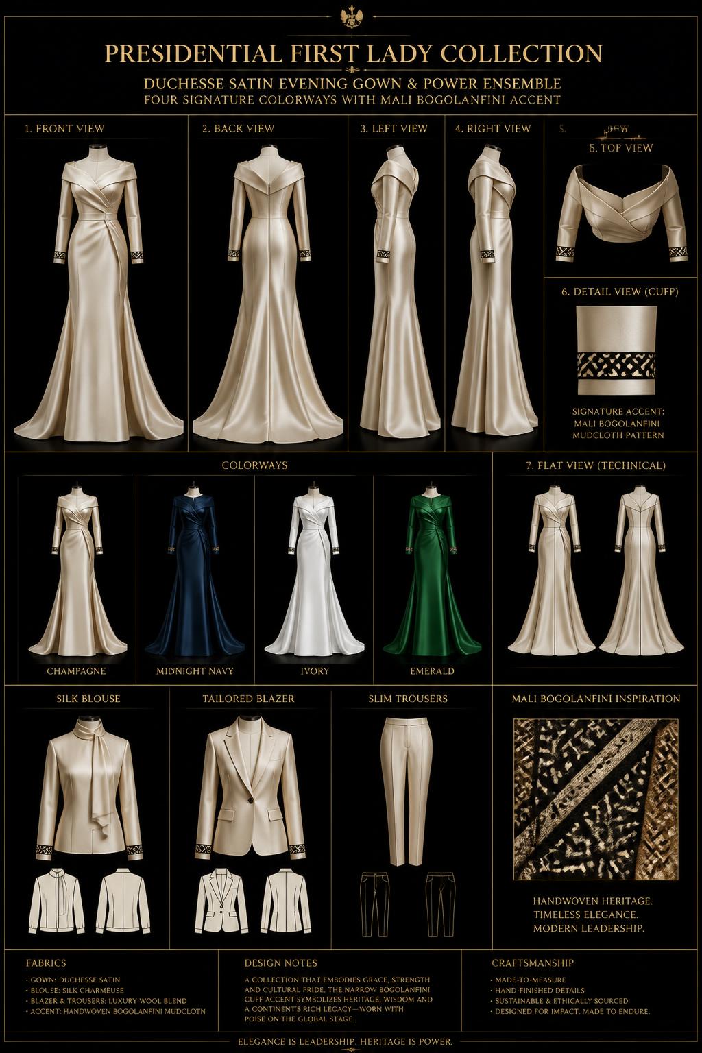 Première Dame™ Evening & Power Wardrobe — Royalty · Première Dame seven-view specification plate; showing 01 Front, 02 Left, 03 Right, 04 Back, 05 Interior, 06 Inner tags, 07 Fabric detail. — 01 Front, Champagne