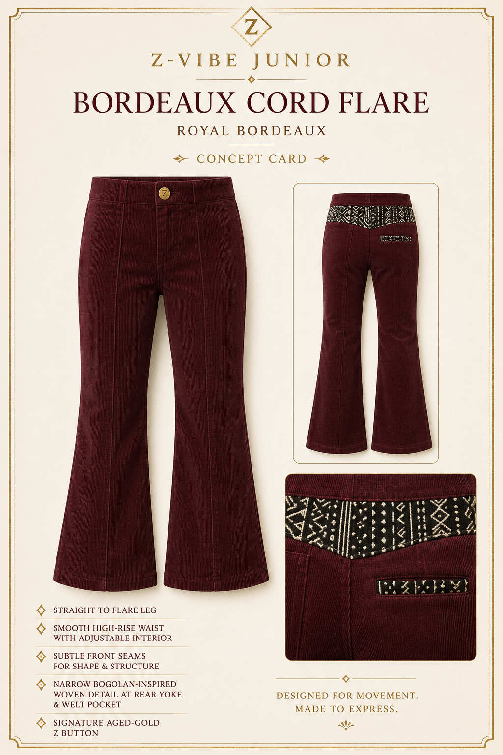Bordeaux Cord Flare — Junior — House · Z-Vibe Junior seven-view specification plate; showing 01 Front, 02 Left, 03 Right, 04 Back, 05 Interior, 06 Inner tags, 07 Fabric detail. — 01 Front, Royal Bordeaux